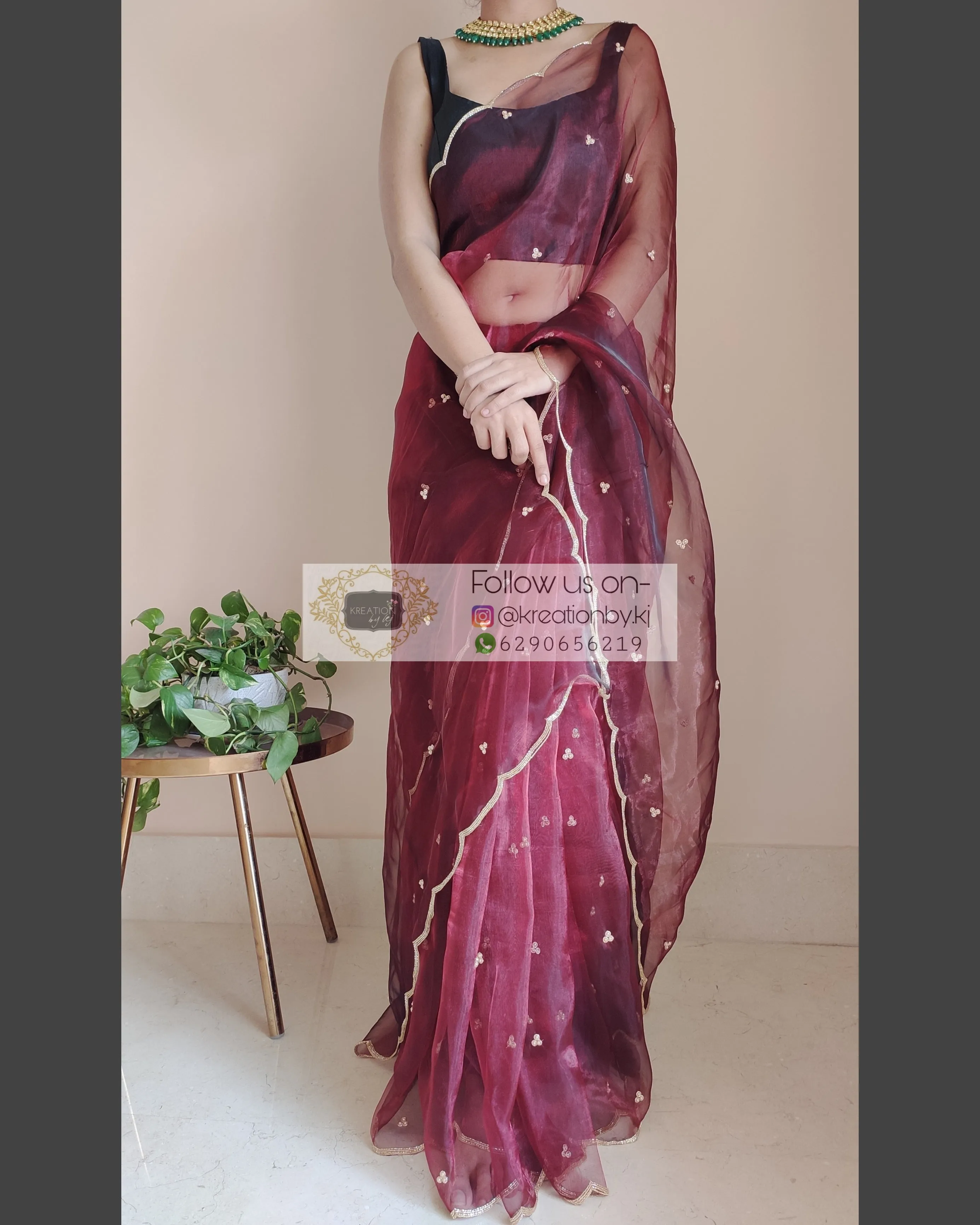 Maroon glass tissue saree with Handembroidered scalloping