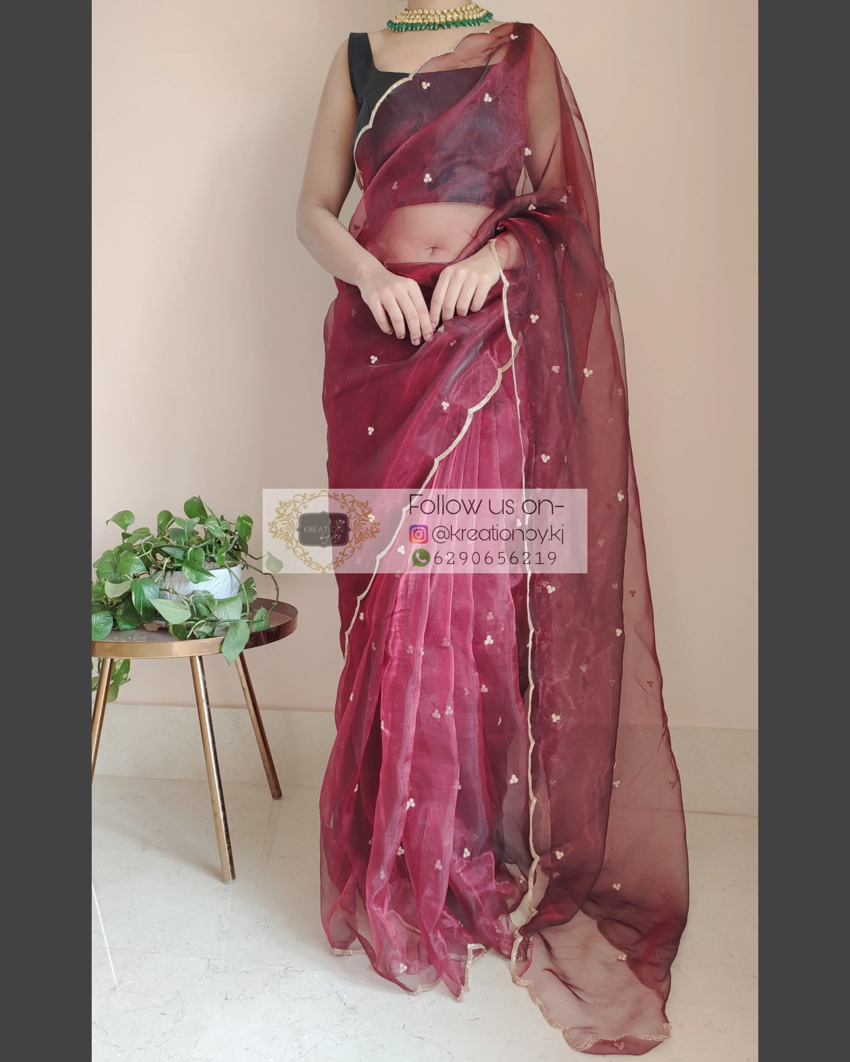 Maroon glass tissue saree with Handembroidered scalloping