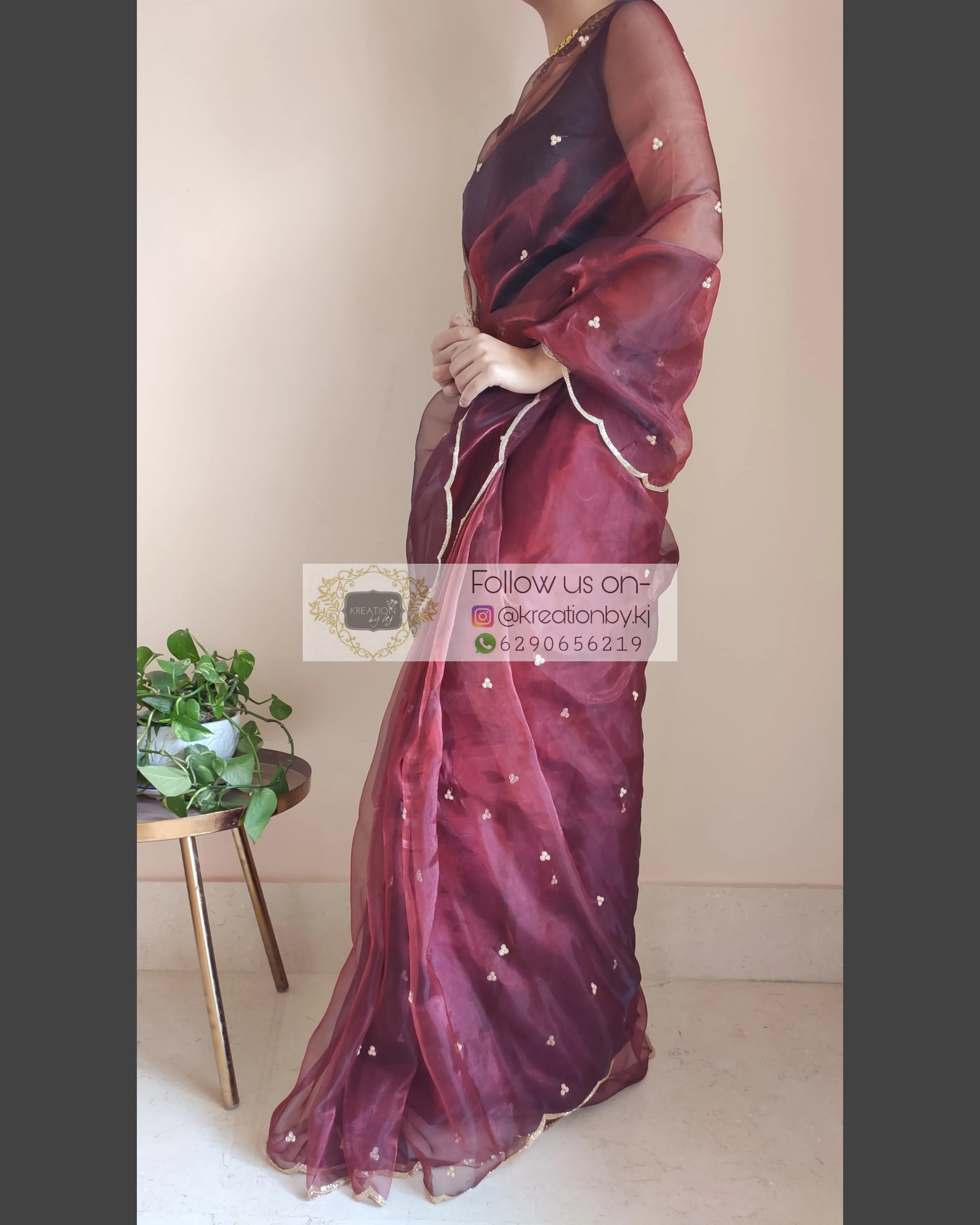 Maroon glass tissue saree with Handembroidered scalloping