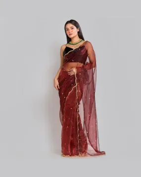 Maroon glass tissue saree with Handembroidered scalloping