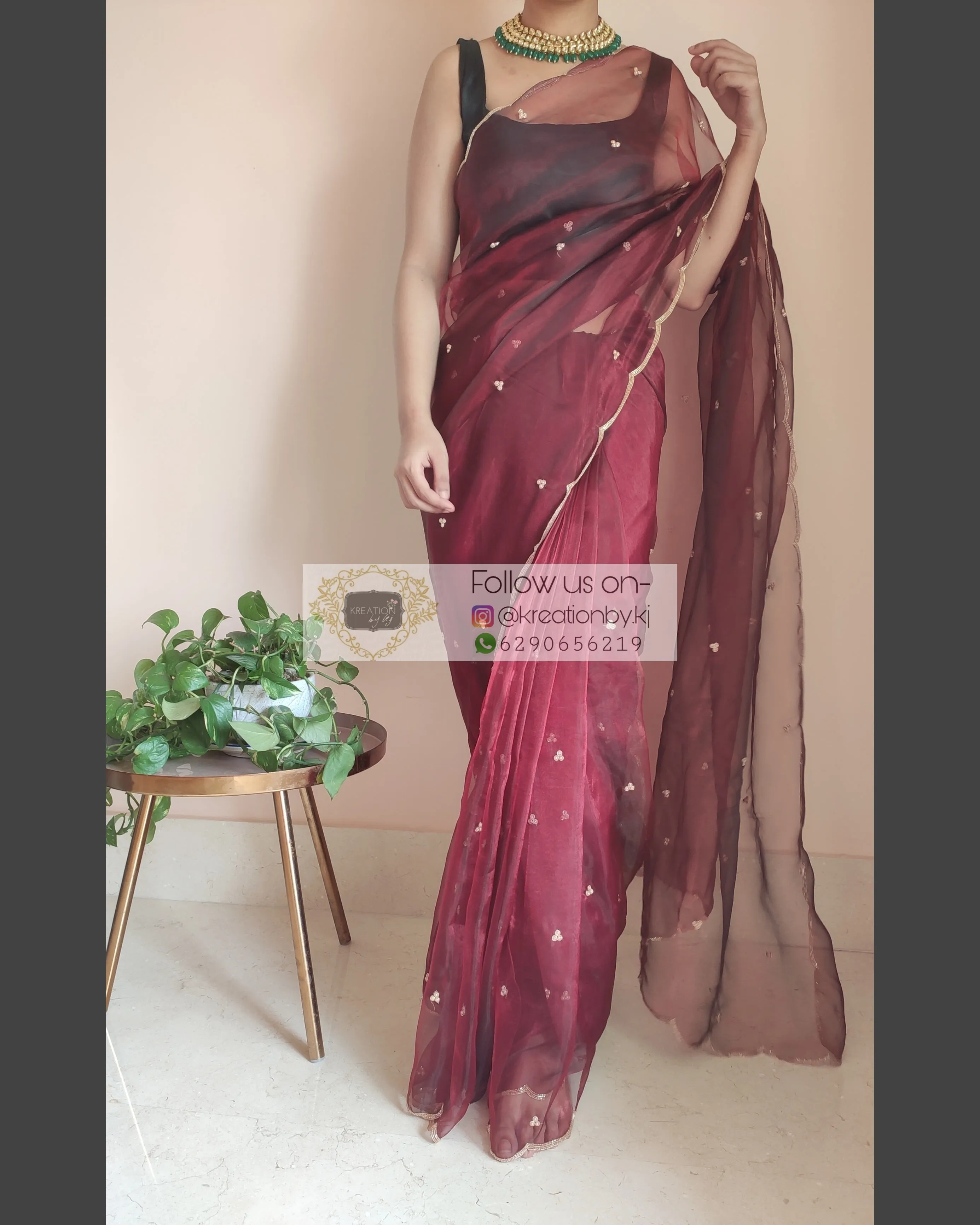 Maroon glass tissue saree with Handembroidered scalloping