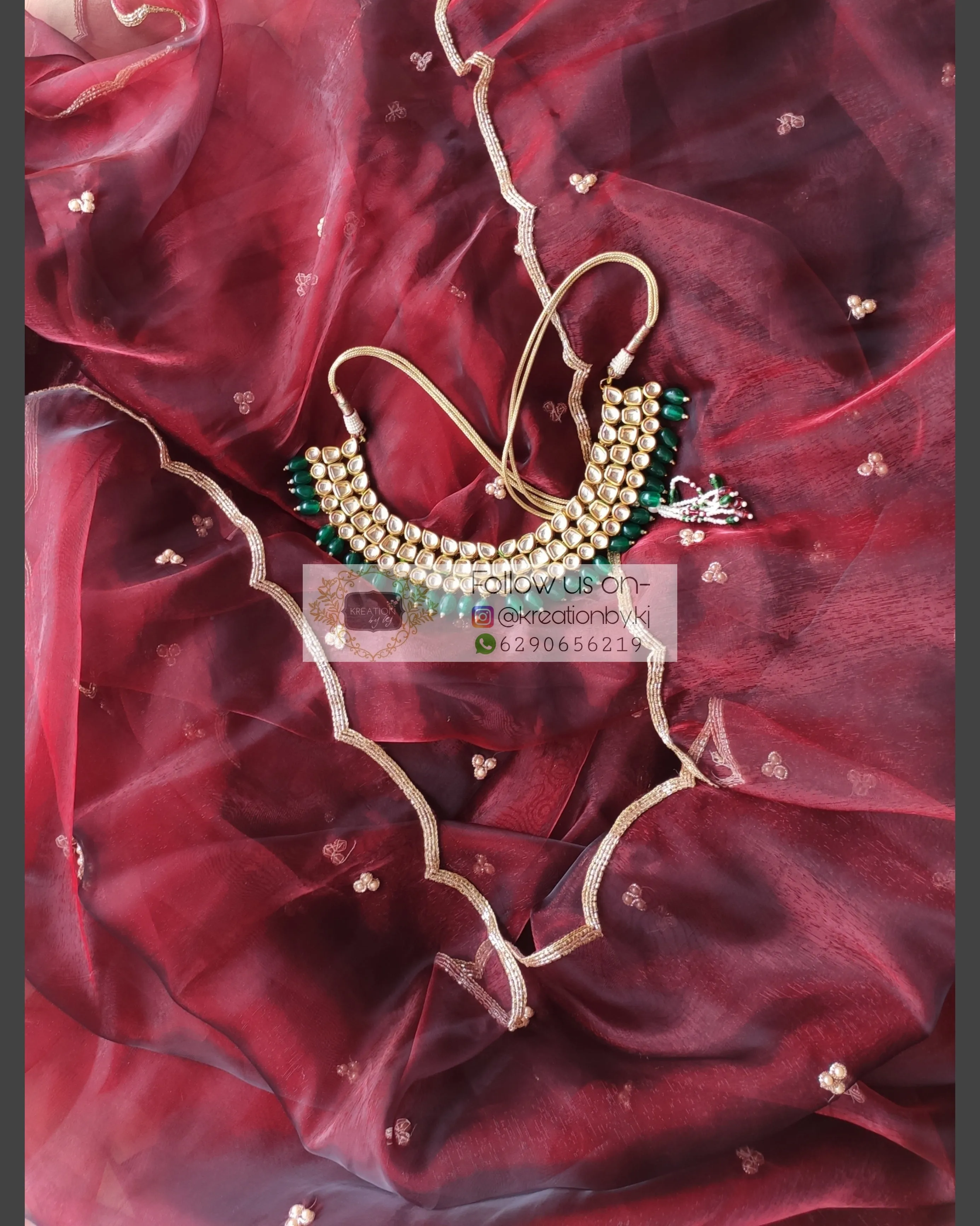 Maroon glass tissue saree with Handembroidered scalloping