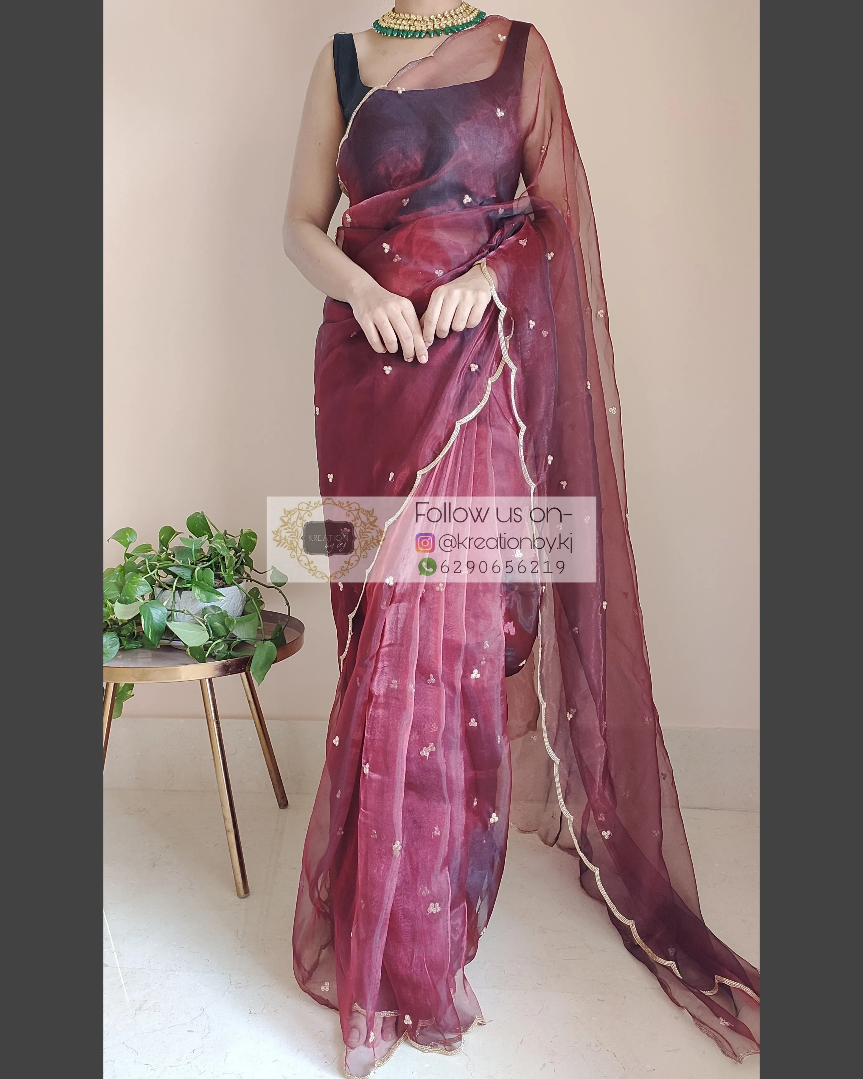 Maroon glass tissue saree with Handembroidered scalloping