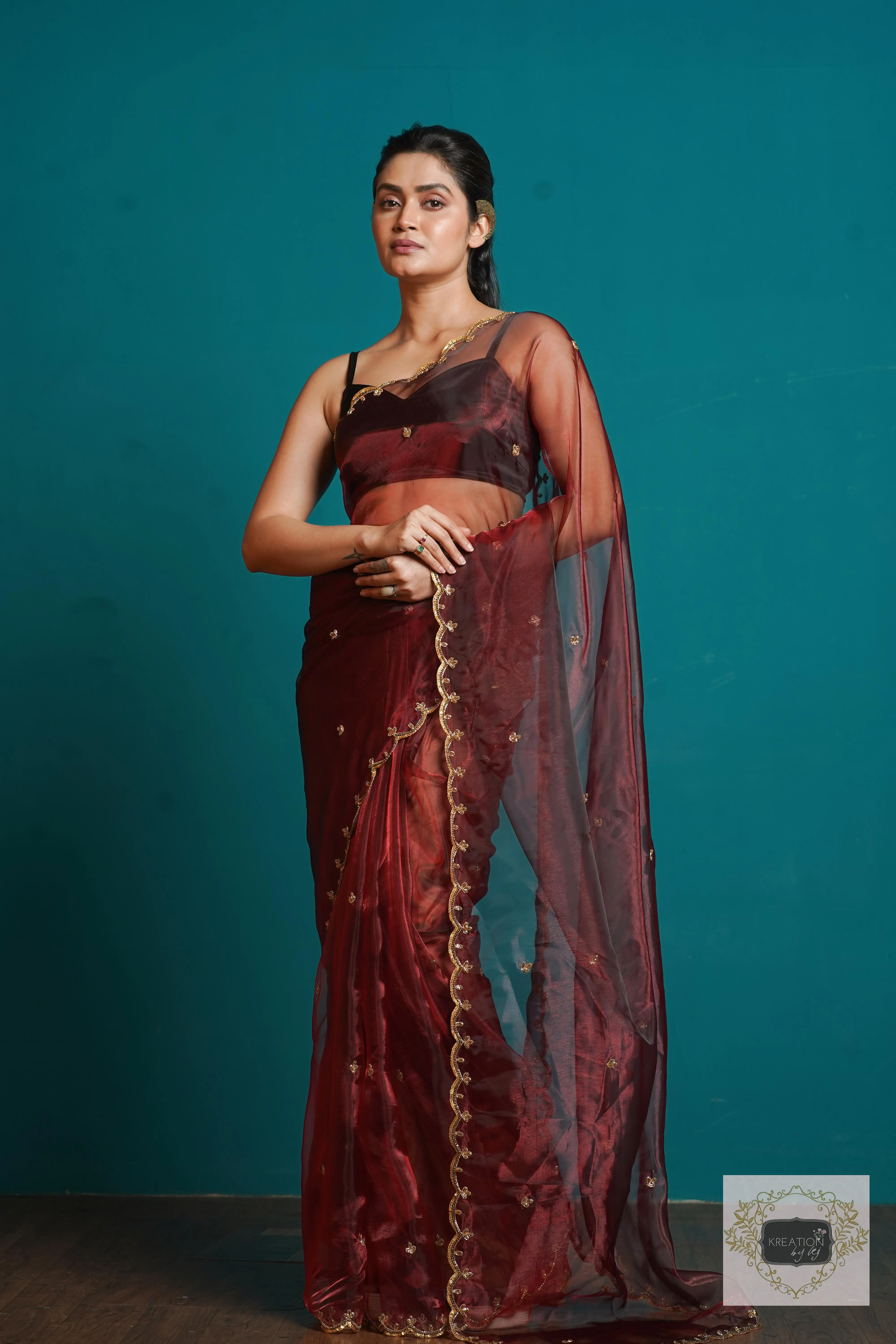 Maroon Glass Tissue  Sequins Piyali Saree