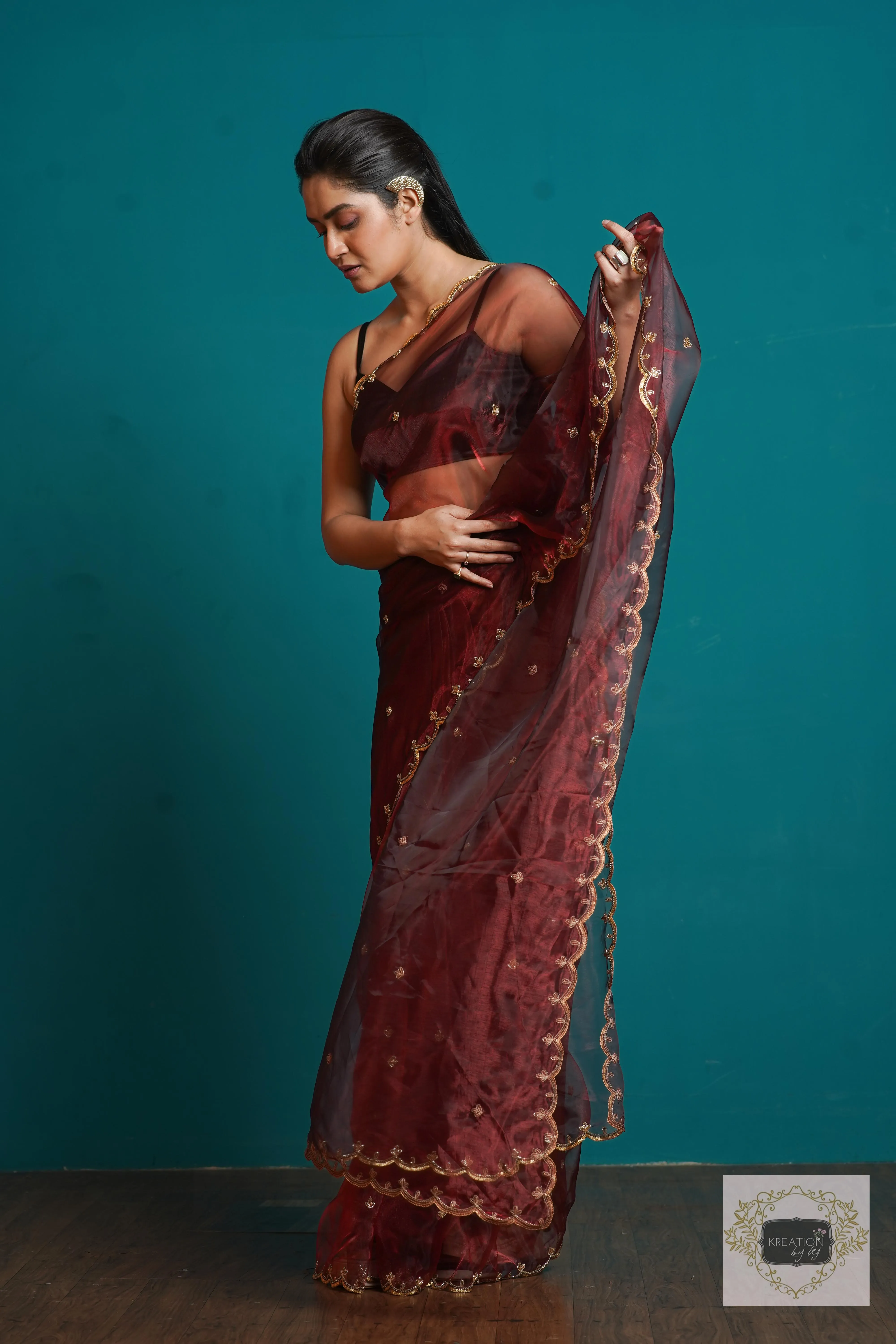 Maroon Glass Tissue  Sequins Piyali Saree