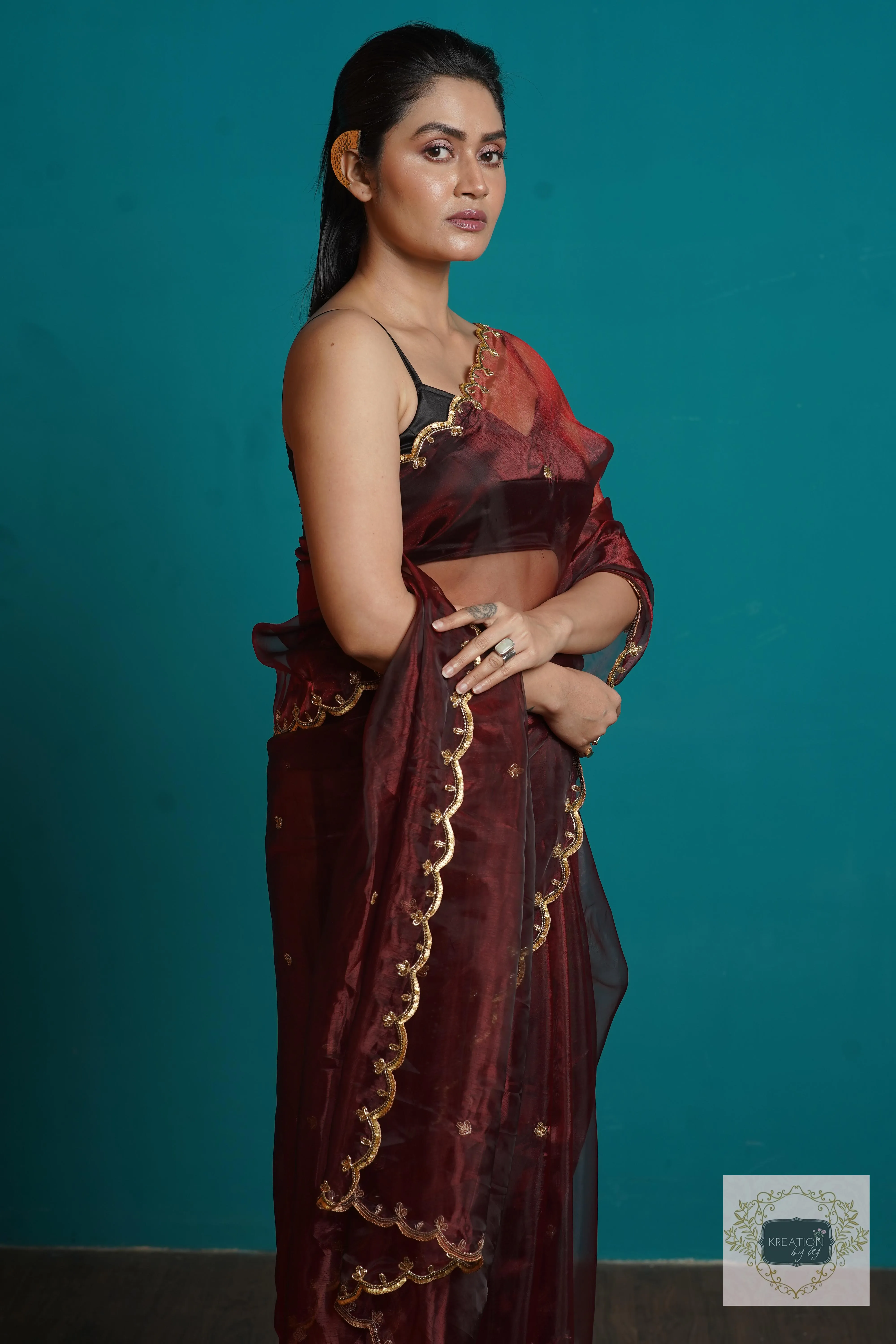 Maroon Glass Tissue  Sequins Piyali Saree