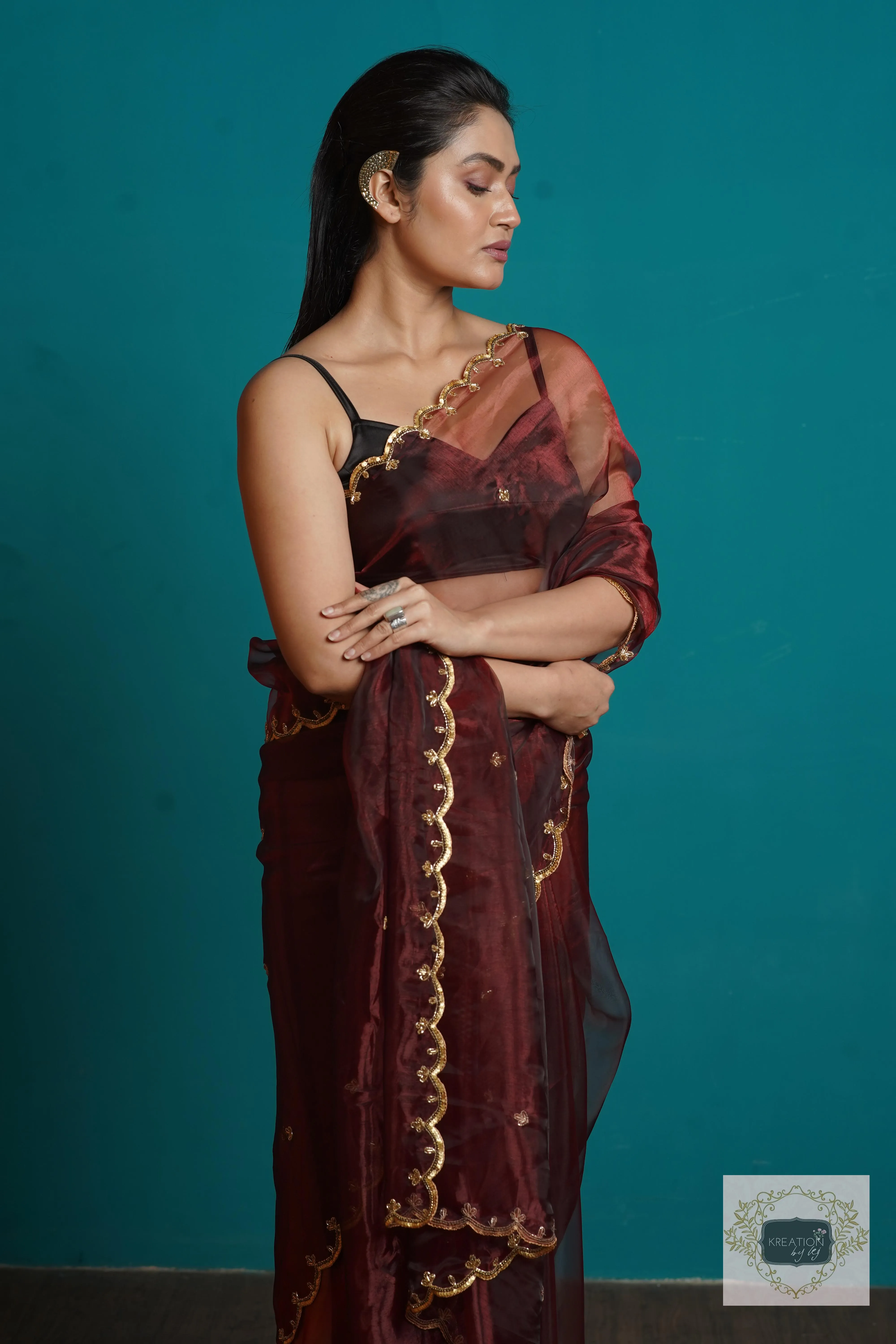 Maroon Glass Tissue  Sequins Piyali Saree