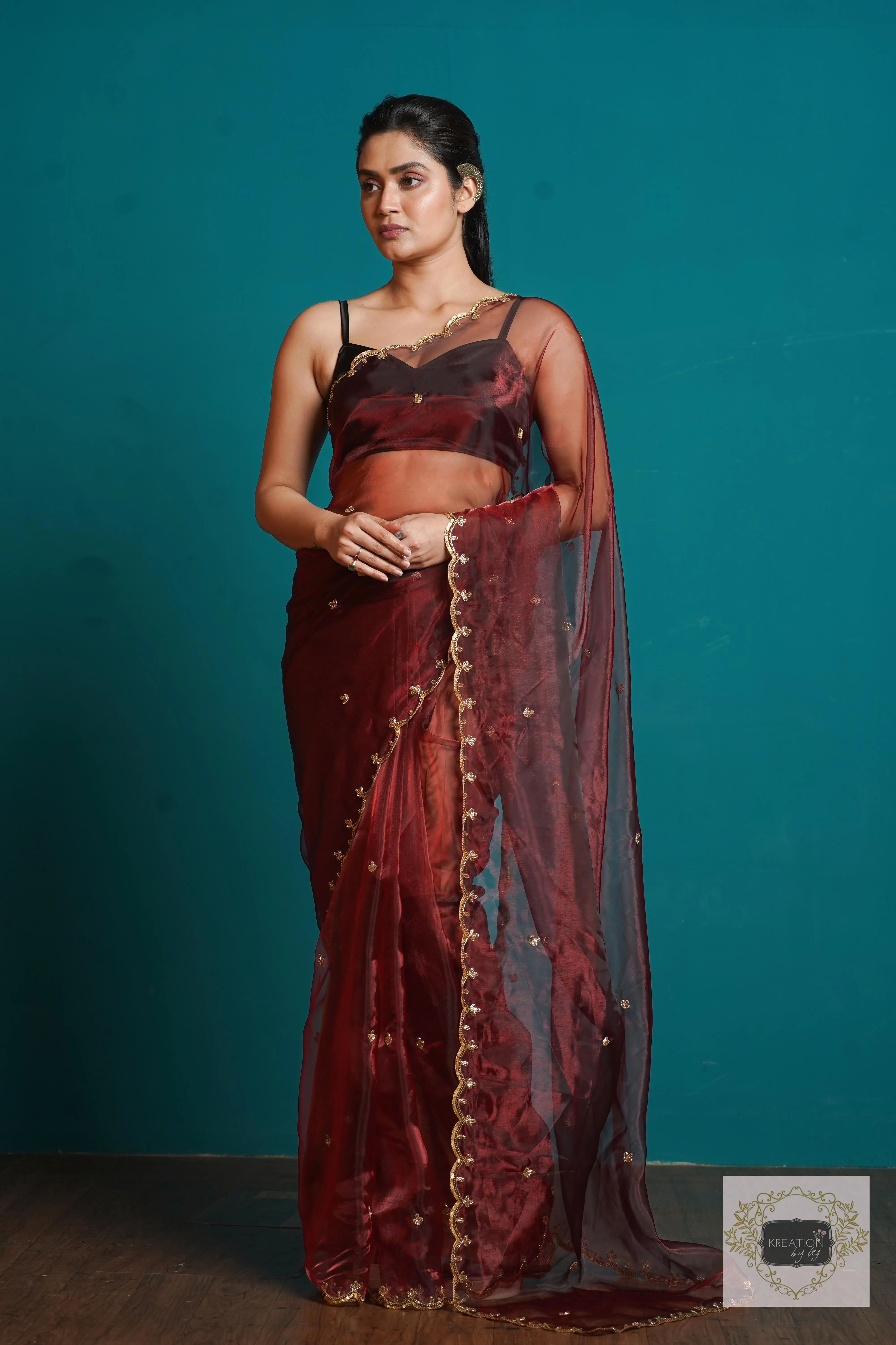 Maroon Glass Tissue  Sequins Piyali Saree