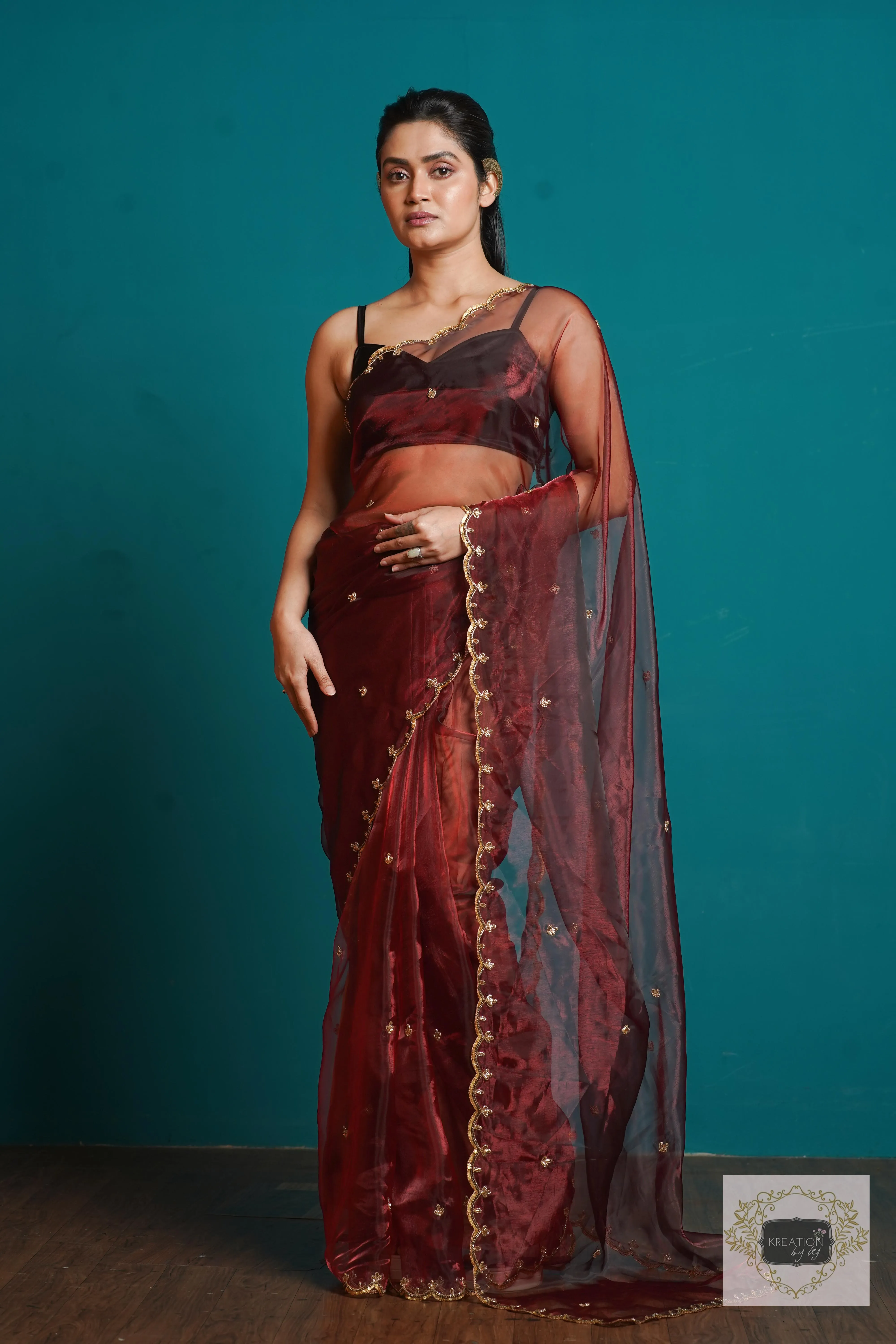 Maroon Glass Tissue  Sequins Piyali Saree