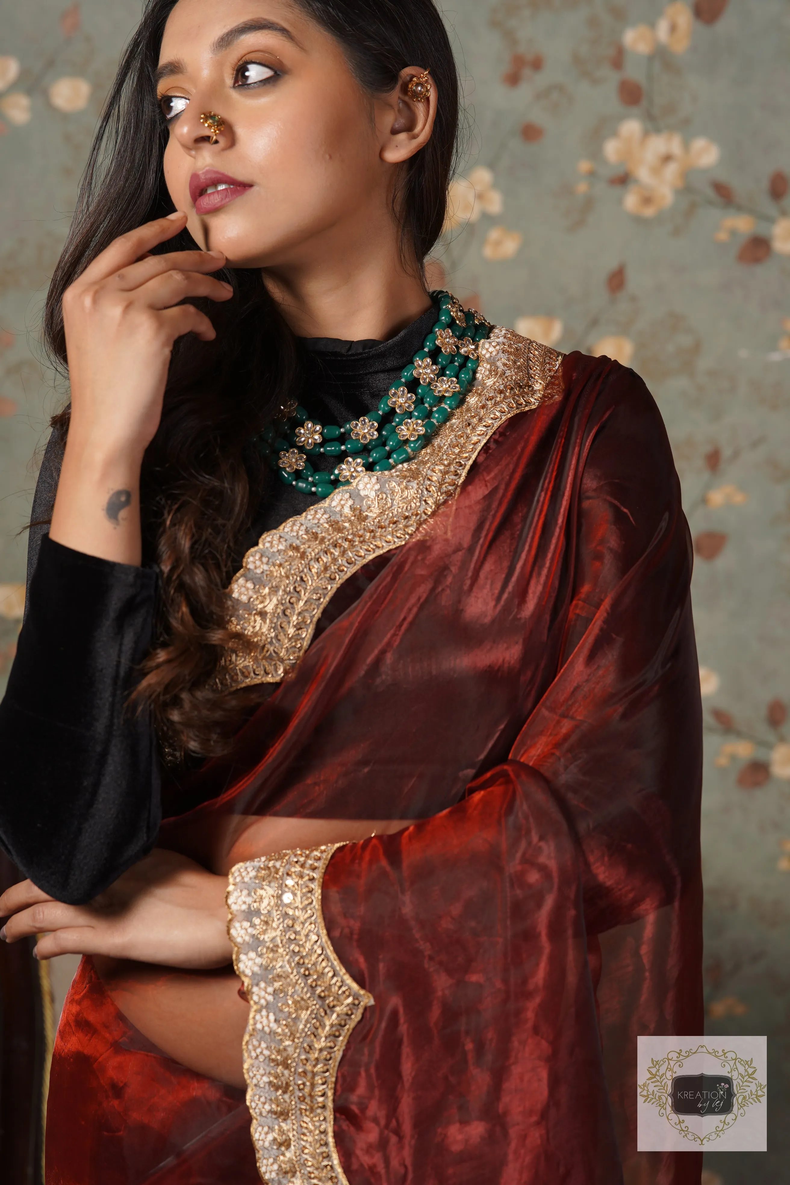 Maroon Glass Tissue with Golden  Border Saree