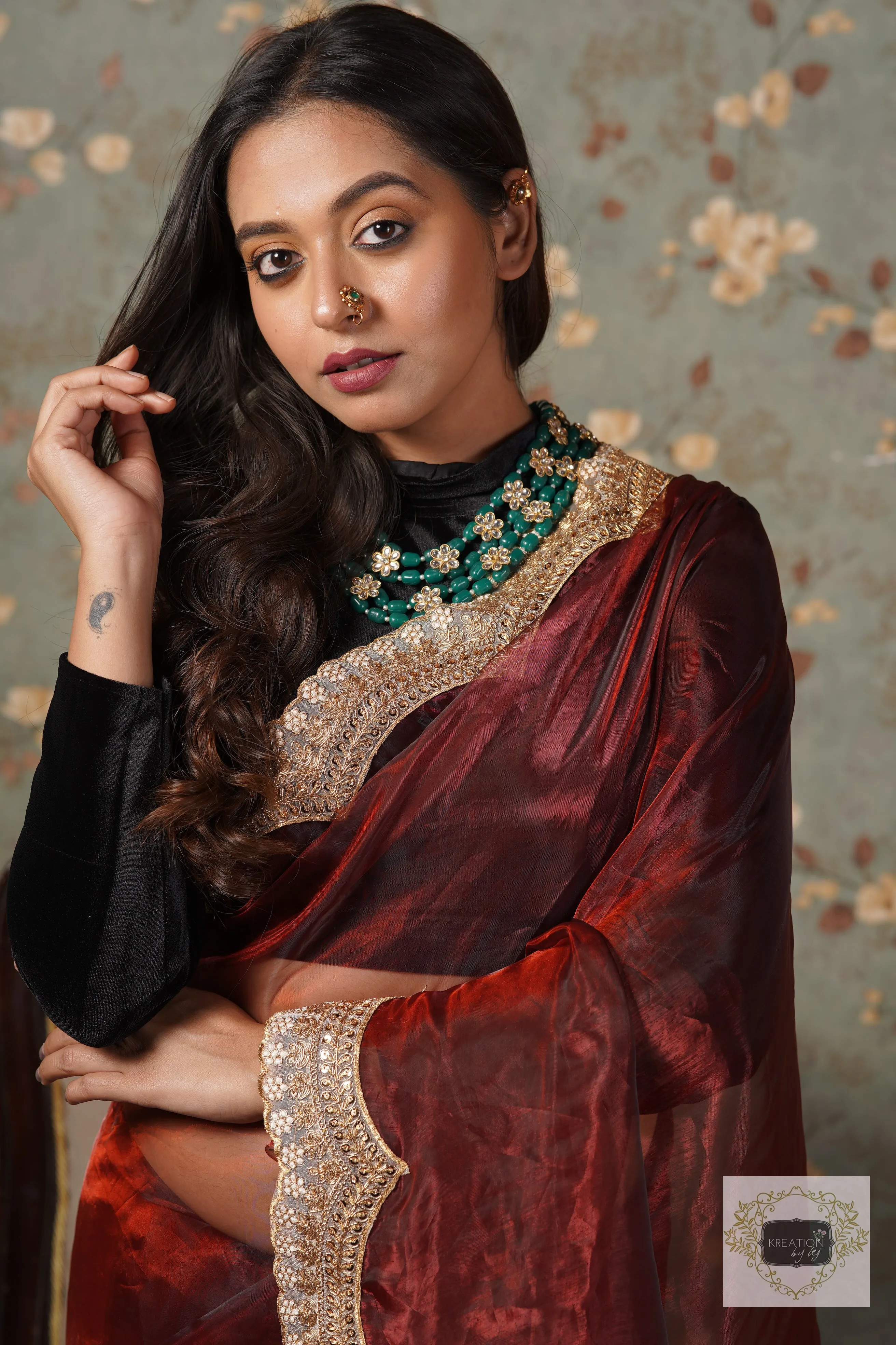 Maroon Glass Tissue with Golden  Border Saree