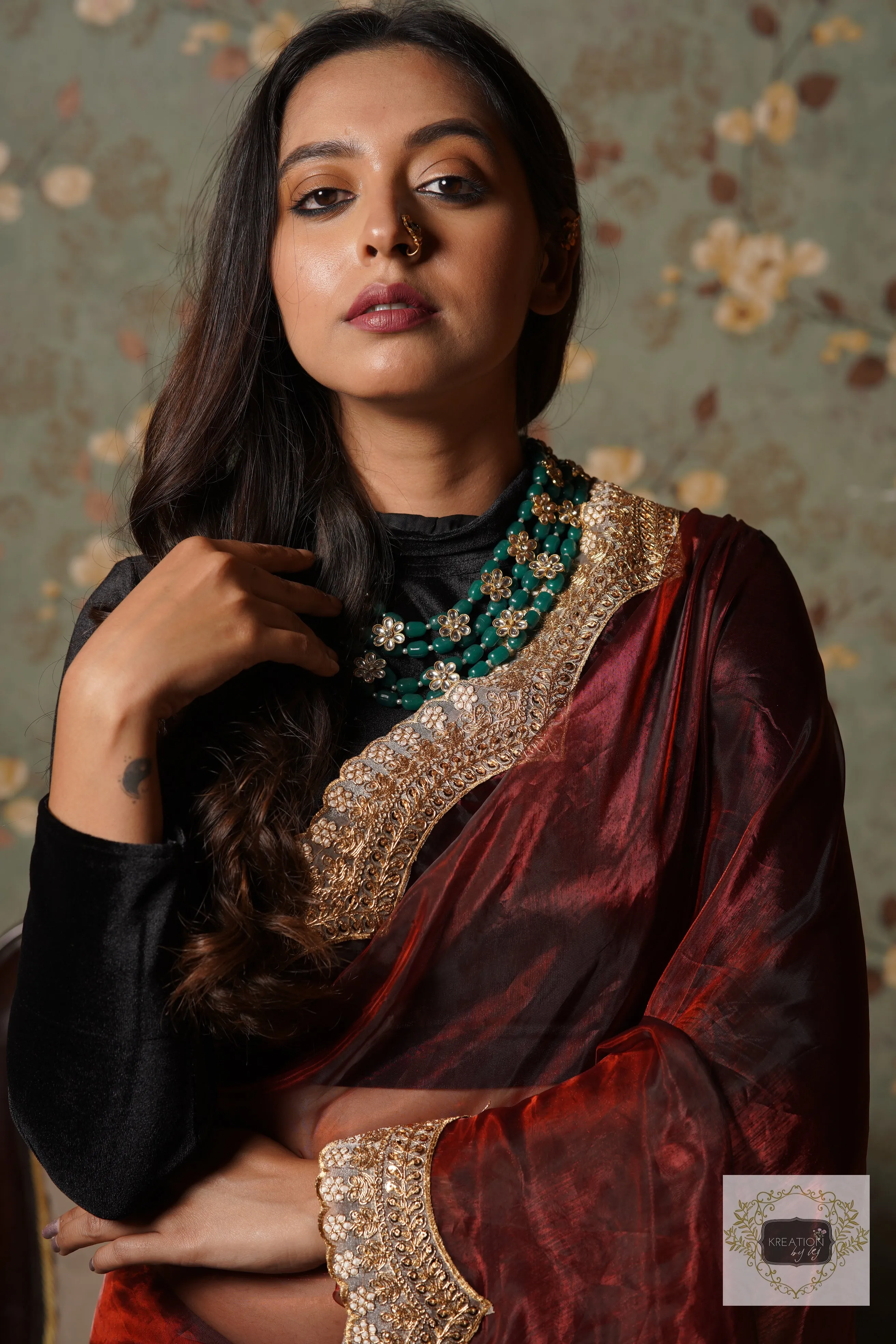 Maroon Glass Tissue with Golden  Border Saree