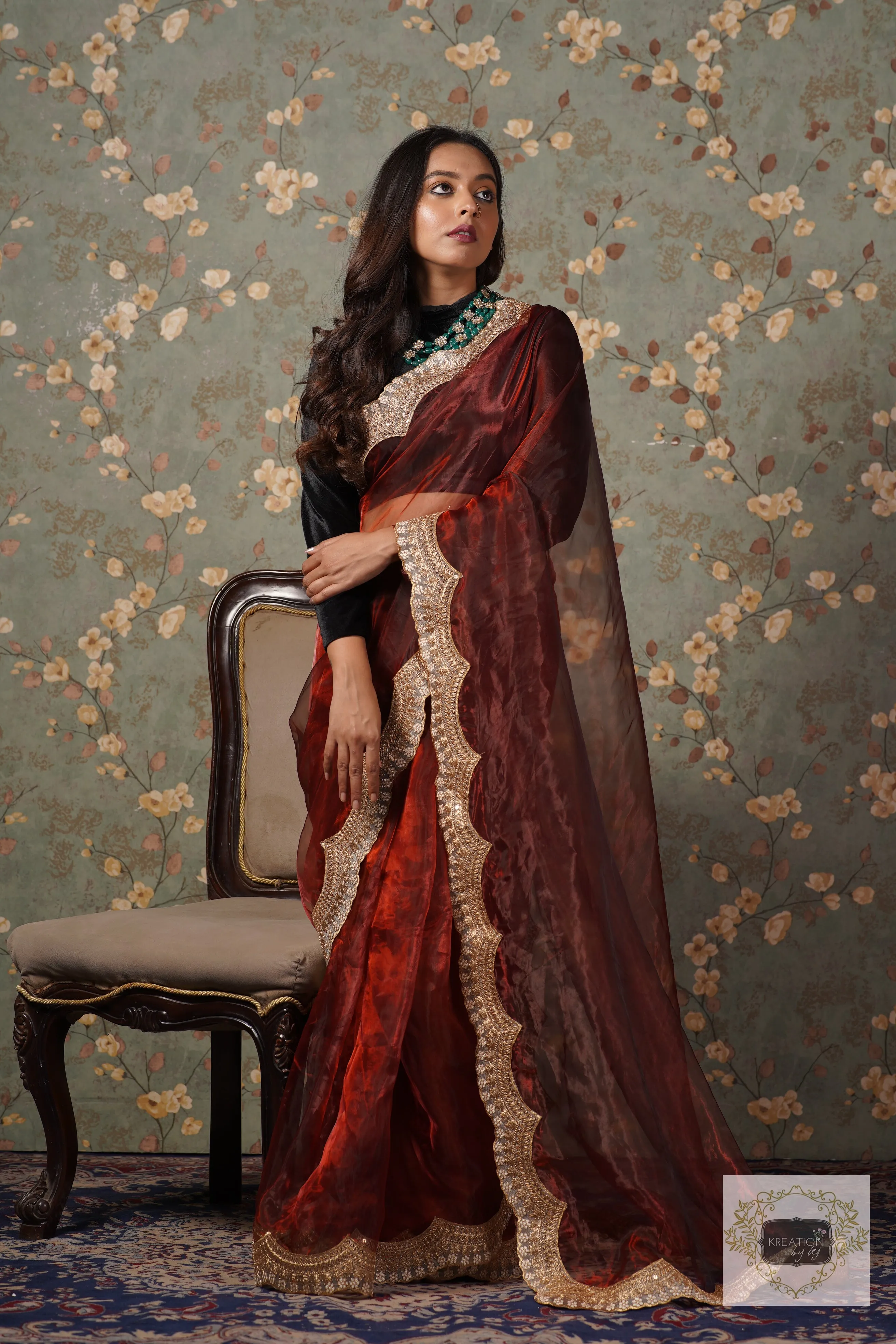 Maroon Glass Tissue with Golden  Border Saree