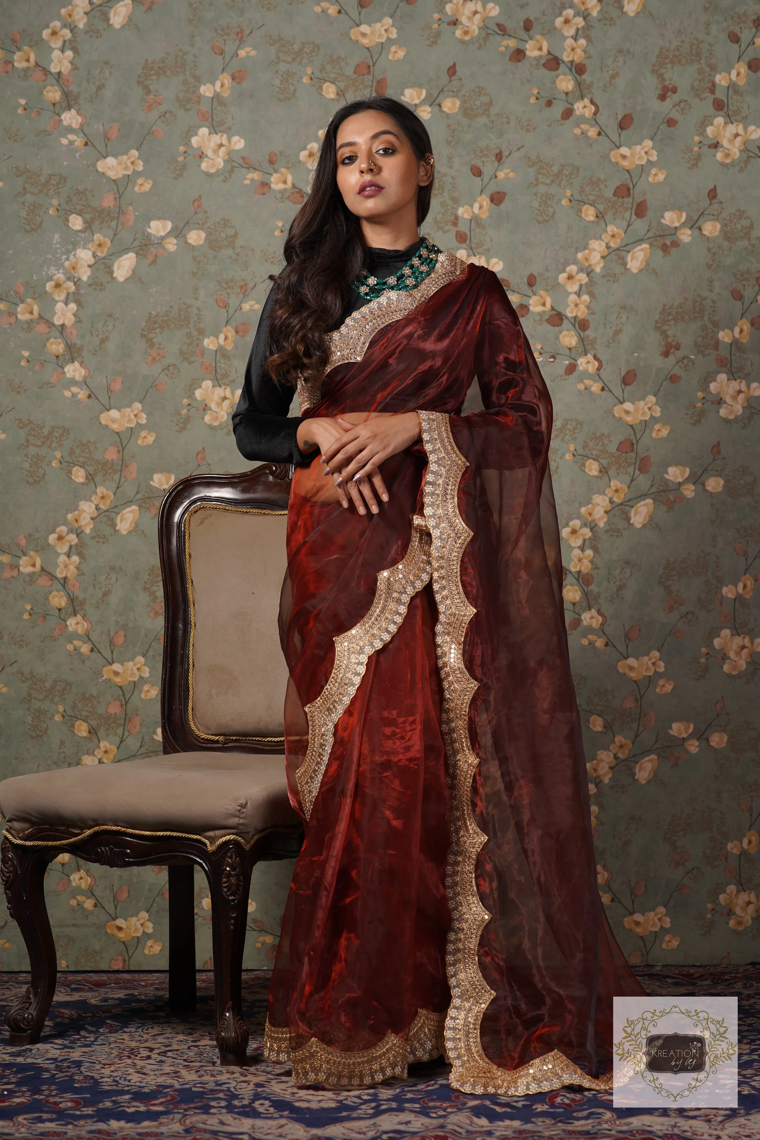 Maroon Glass Tissue with Golden  Border Saree