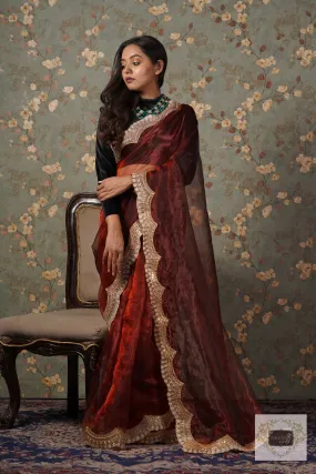 Maroon Glass Tissue with Golden  Border Saree