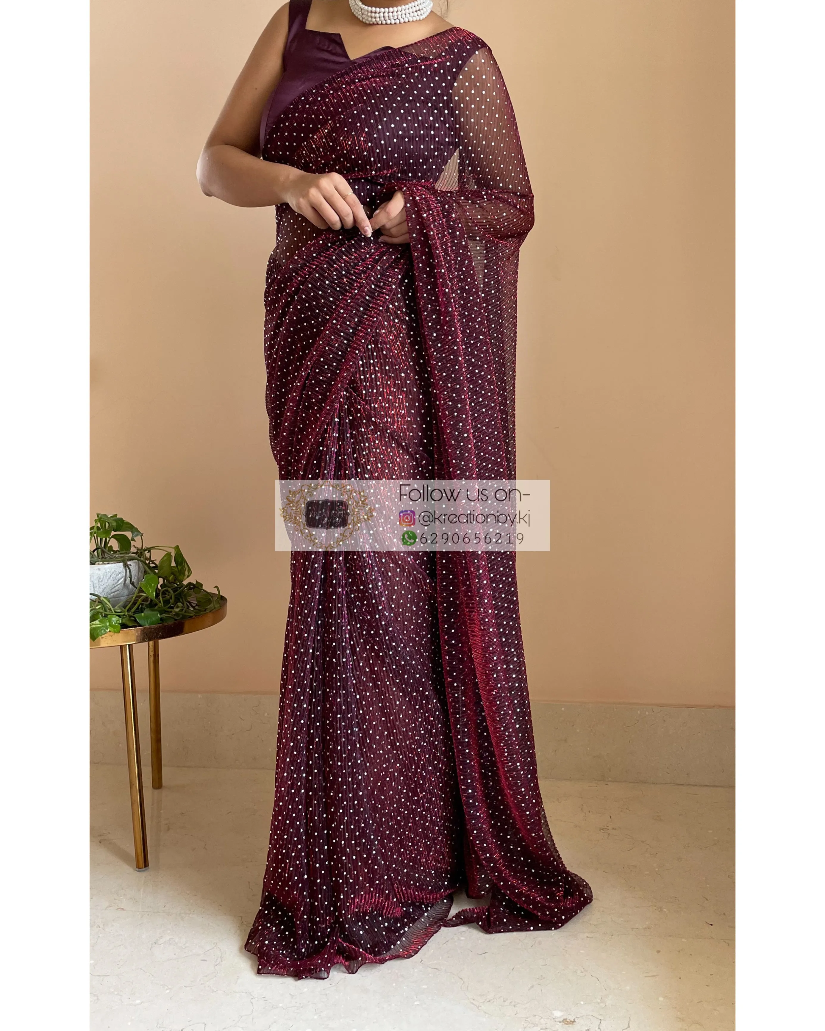 Maroon Wine Pleated Shimmer Saree