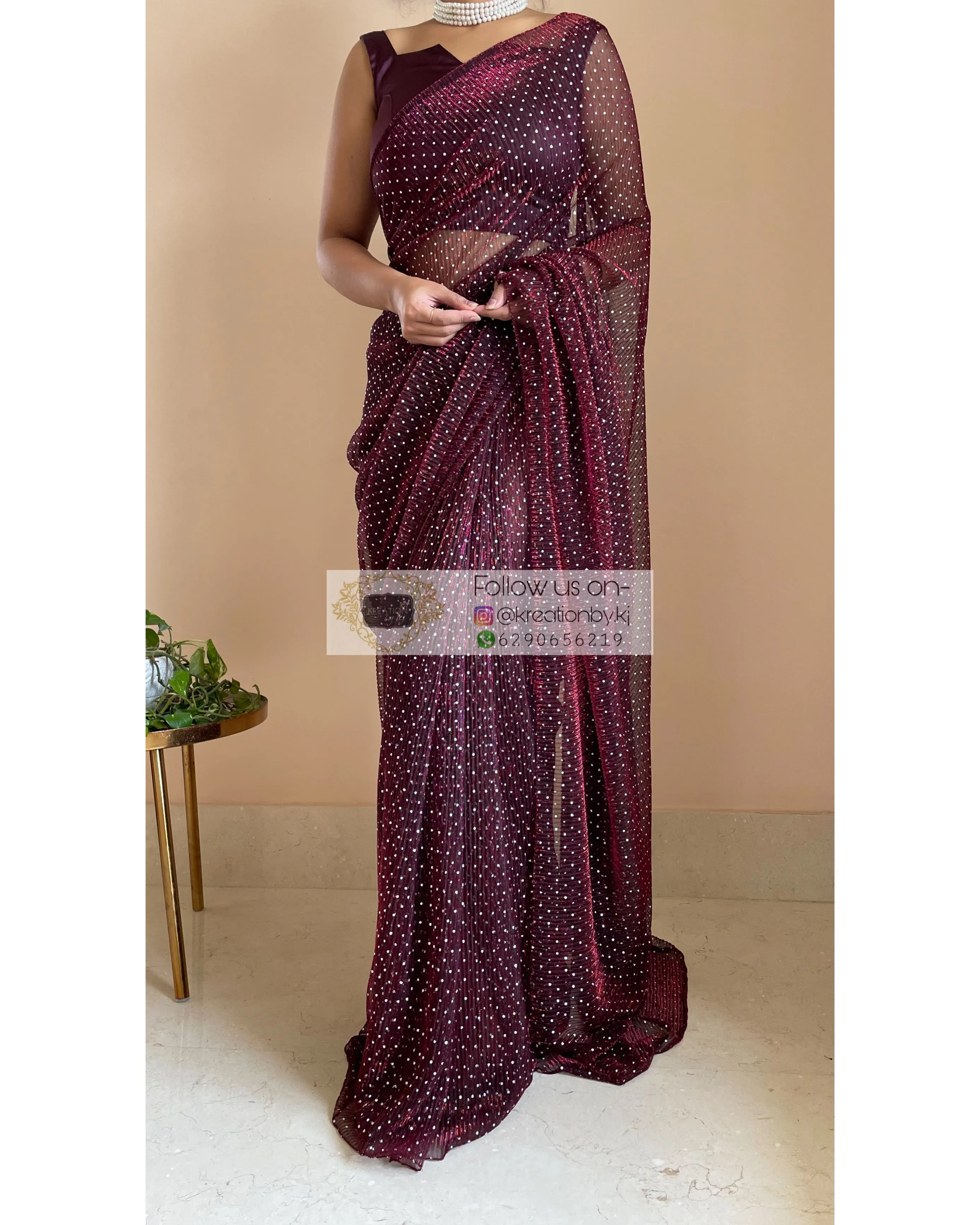 Maroon Wine Pleated Shimmer Saree