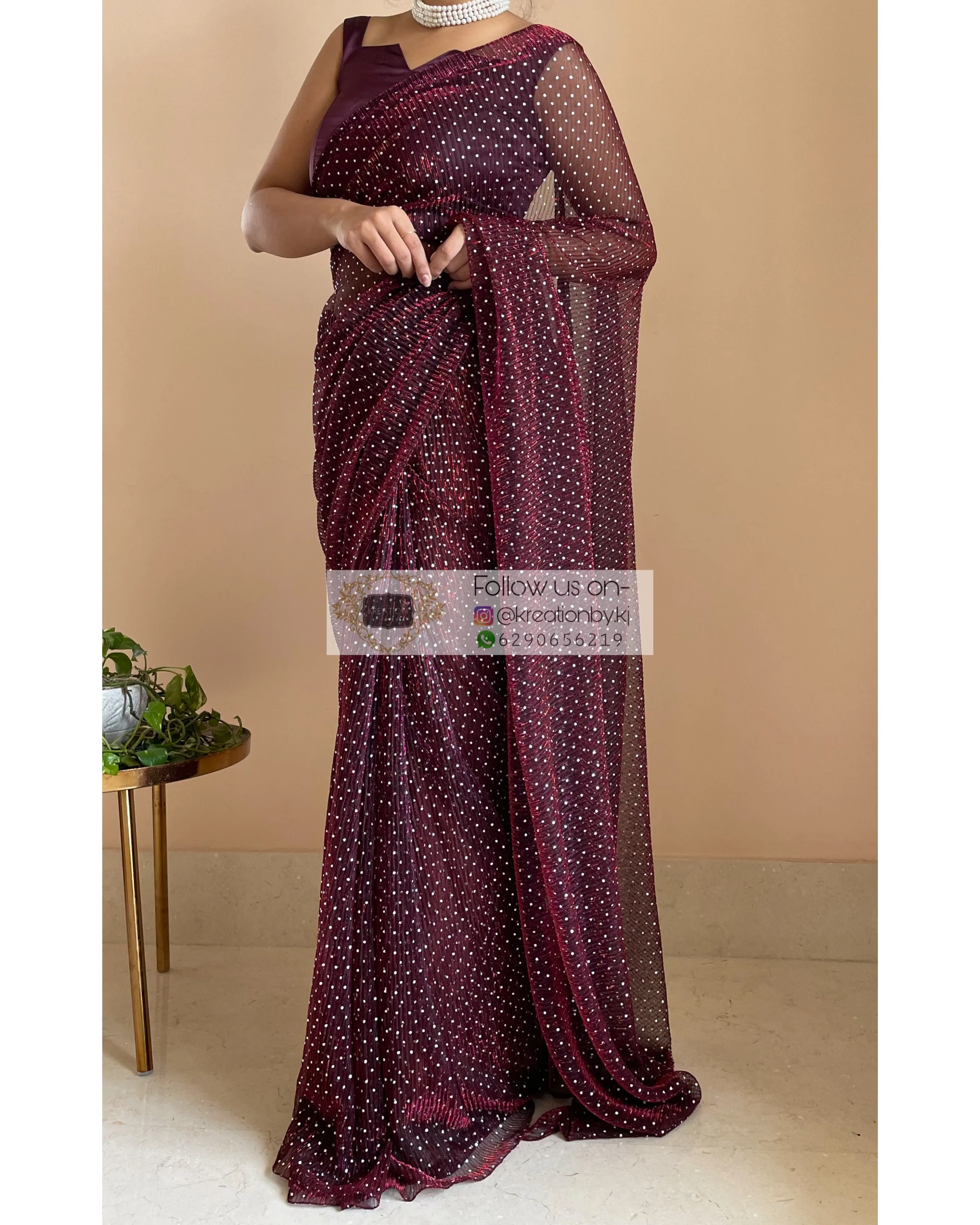 Maroon Wine Pleated Shimmer Saree