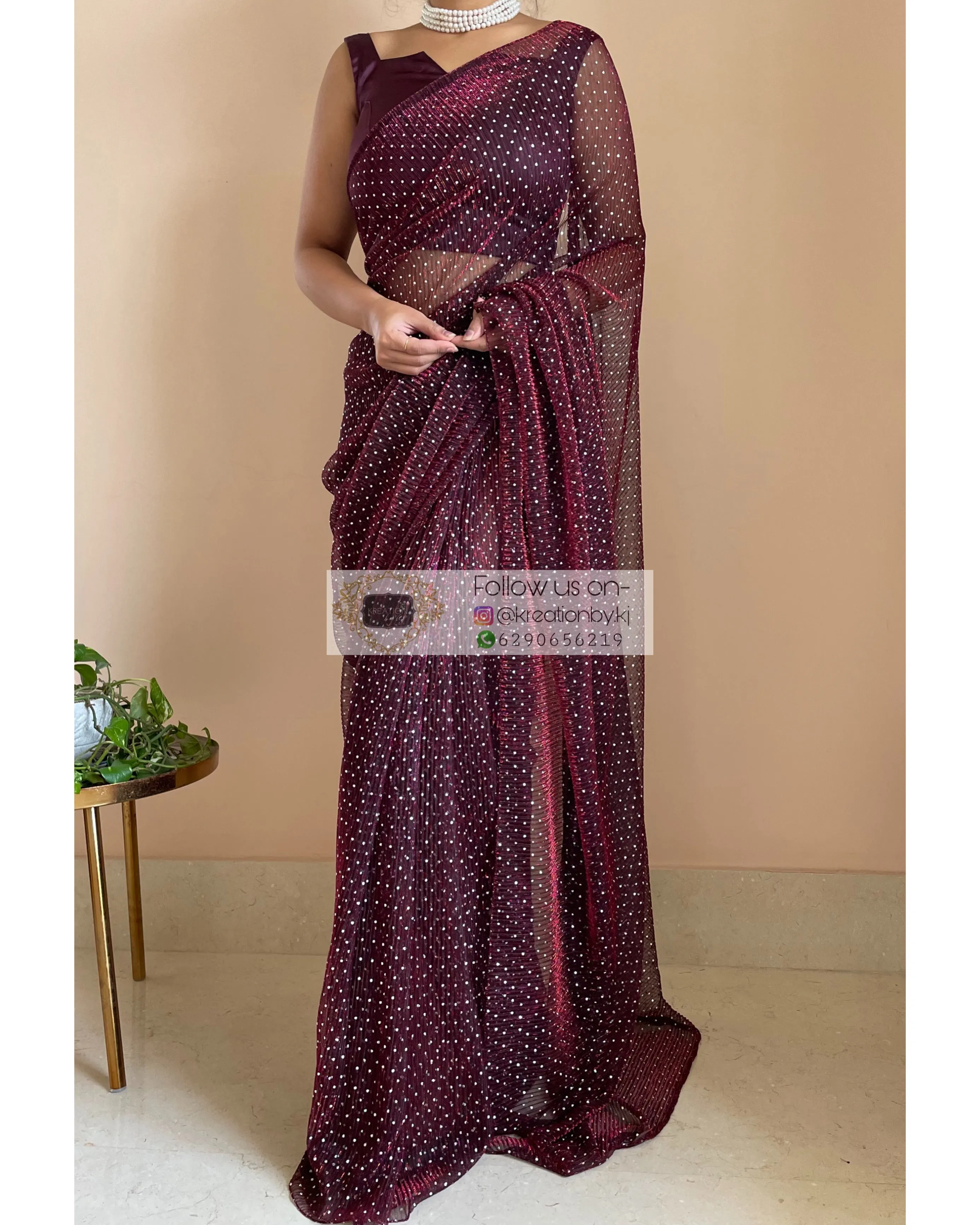 Maroon Wine Pleated Shimmer Saree