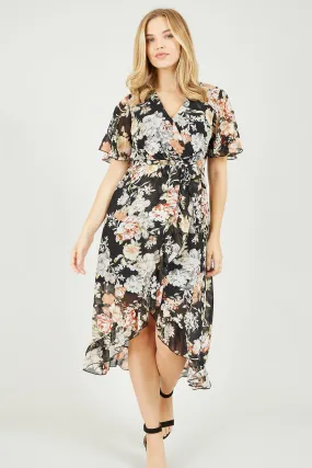 Mela London Black Floral High Low Wrap Dress