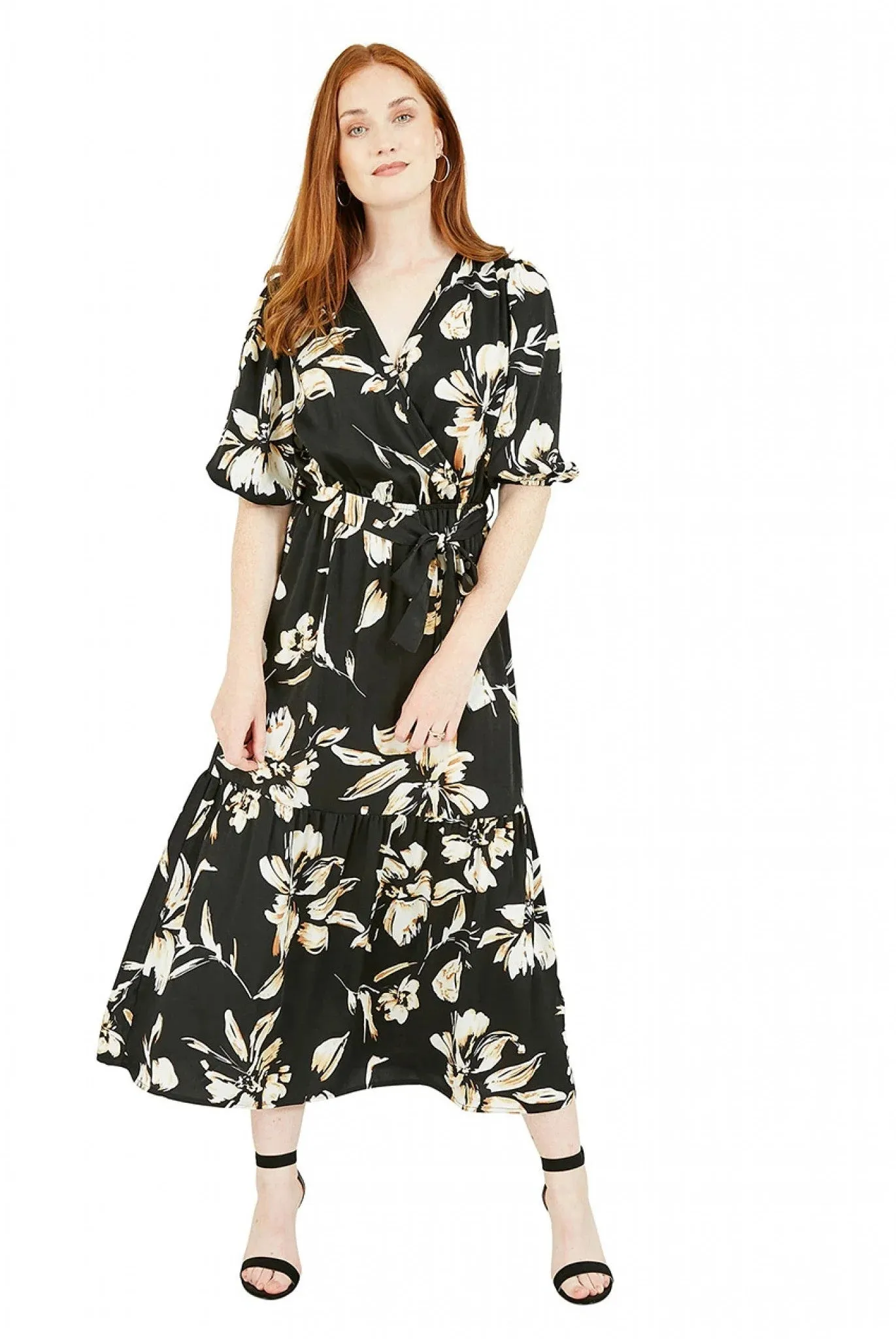 Mela London Black Floral Wrap Midi Dress