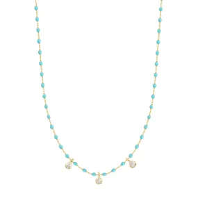 Mini Gigi Turquoise Green necklace, Yellow Gold 3 diamond, 16.5"