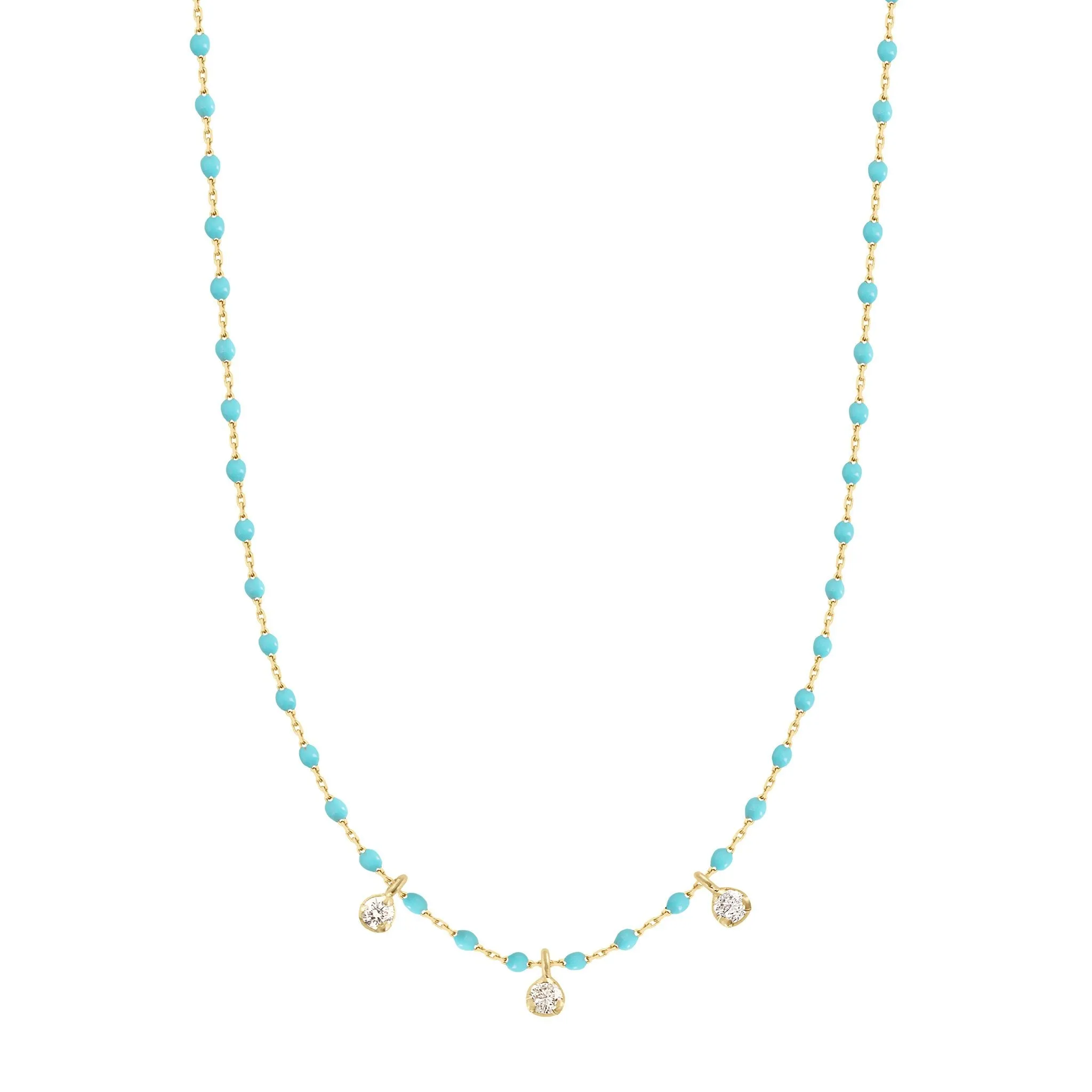 Mini Gigi Turquoise Green necklace, Yellow Gold 3 diamond, 16.5"