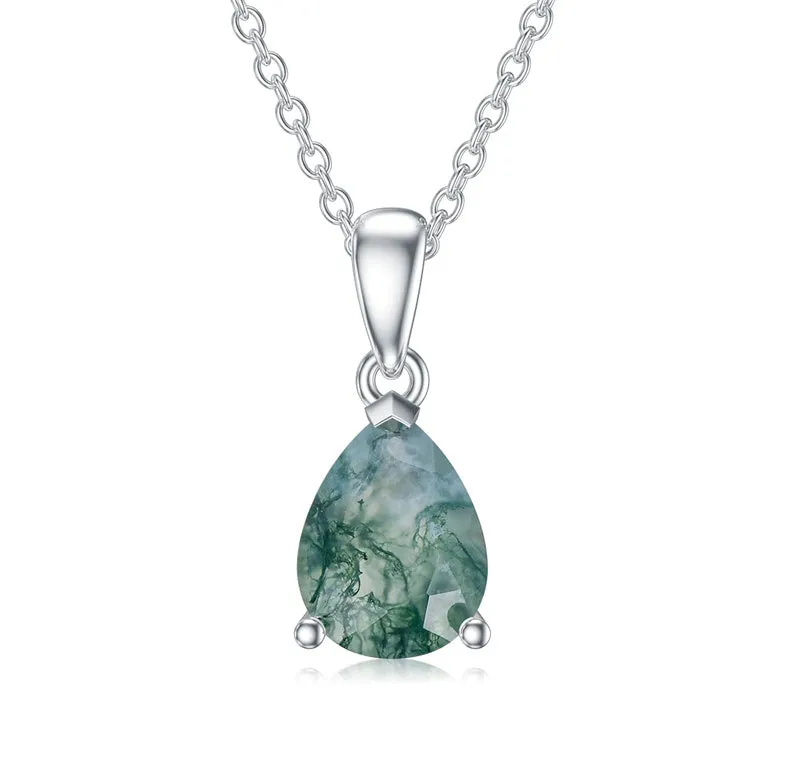 Natural Moss Agate Necklace 925 Sterling Silver Green Moss Agate Oval/Pear Cut Necklace Jewelry Gift for Women