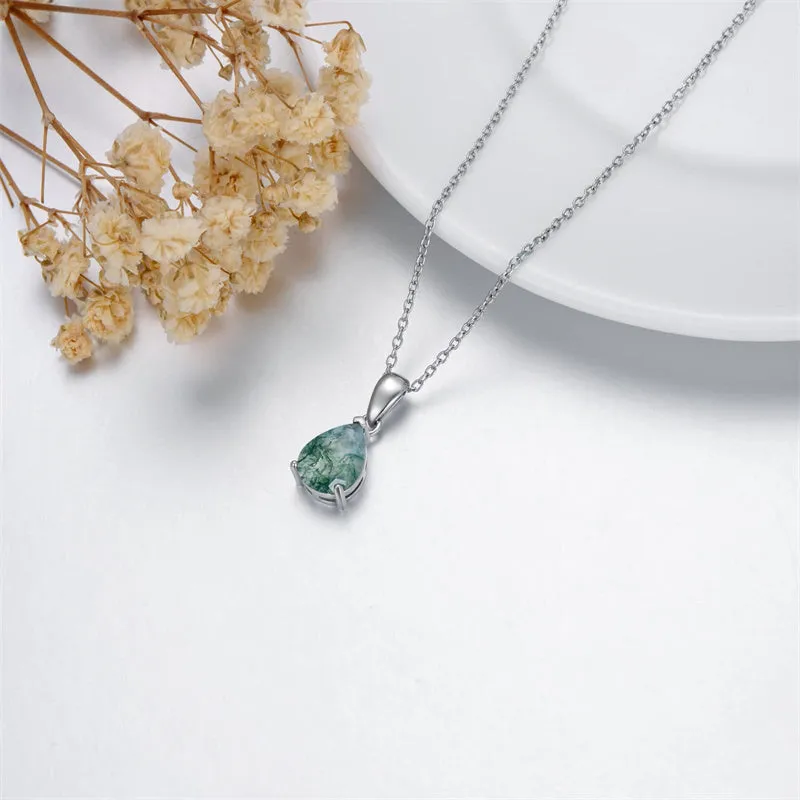 Natural Moss Agate Necklace 925 Sterling Silver Green Moss Agate Oval/Pear Cut Necklace Jewelry Gift for Women