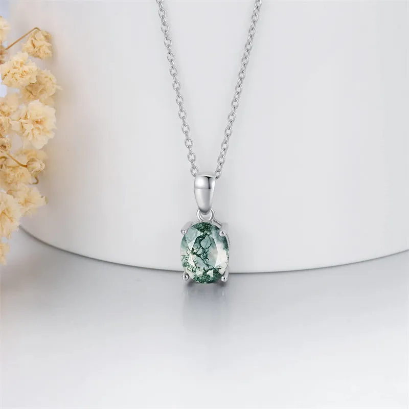 Natural Moss Agate Necklace 925 Sterling Silver Green Moss Agate Oval/Pear Cut Necklace Jewelry Gift for Women