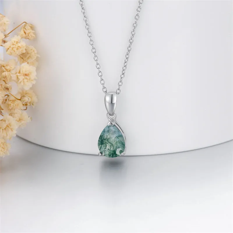 Natural Moss Agate Necklace 925 Sterling Silver Green Moss Agate Oval/Pear Cut Necklace Jewelry Gift for Women