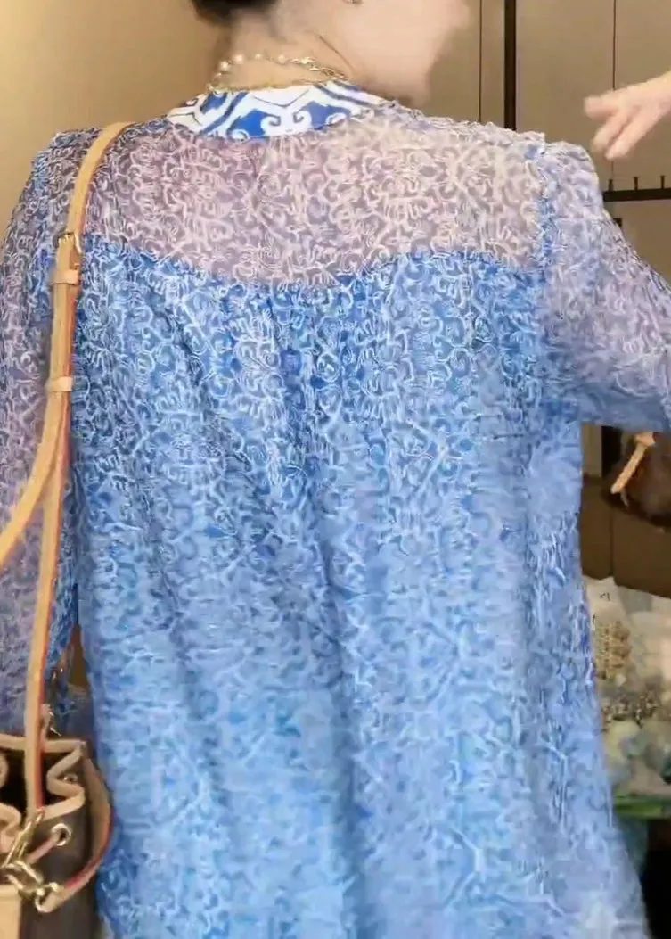 New Blue V Neck Print Chiffon Blouse Long Sleeve AB1021