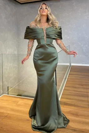 Off-the-shoulder Green Prom Dress with Long Sleeves and Beadings Embellishments