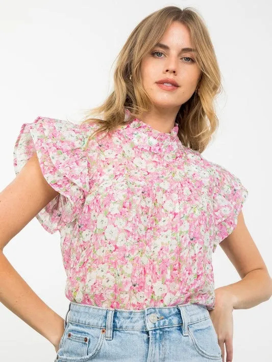 Pastel Floral Garden Flutter Sleeve Top