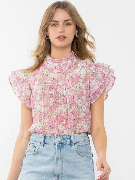 Pastel Floral Garden Flutter Sleeve Top