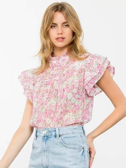 Pastel Floral Garden Flutter Sleeve Top