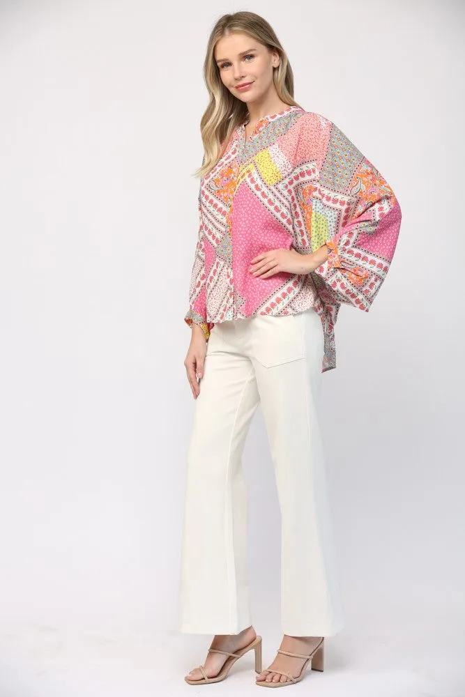 Patchwork Print Dolman Sleeve Top