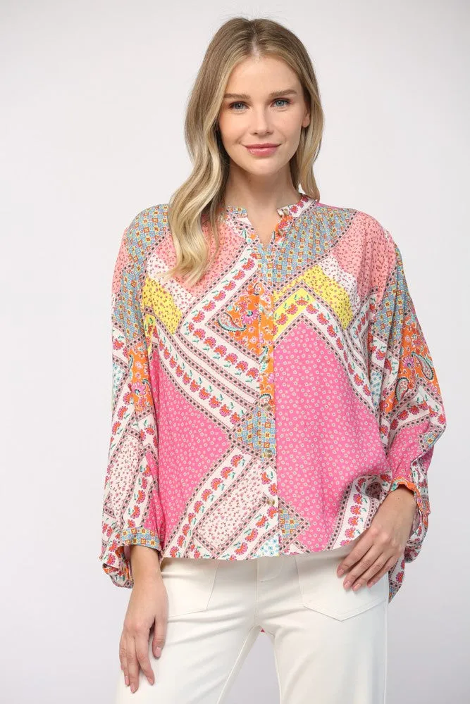 Patchwork Print Dolman Sleeve Top