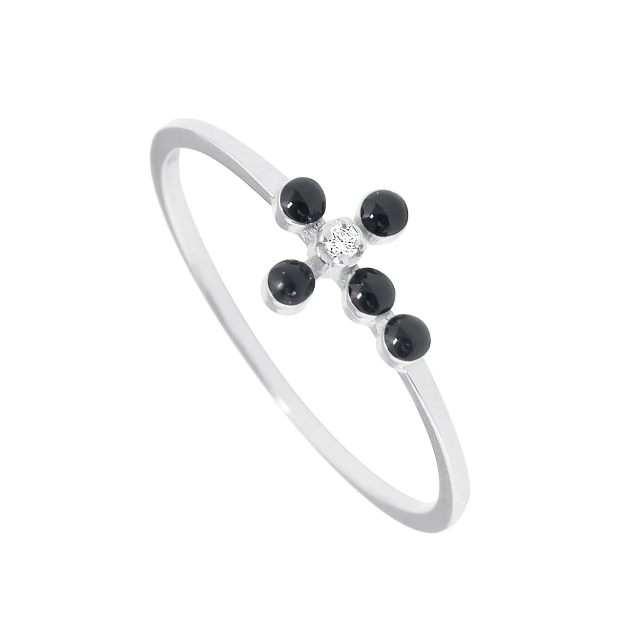 Pearled Cross Diamond Black Ring, White Gold, Size 6.75