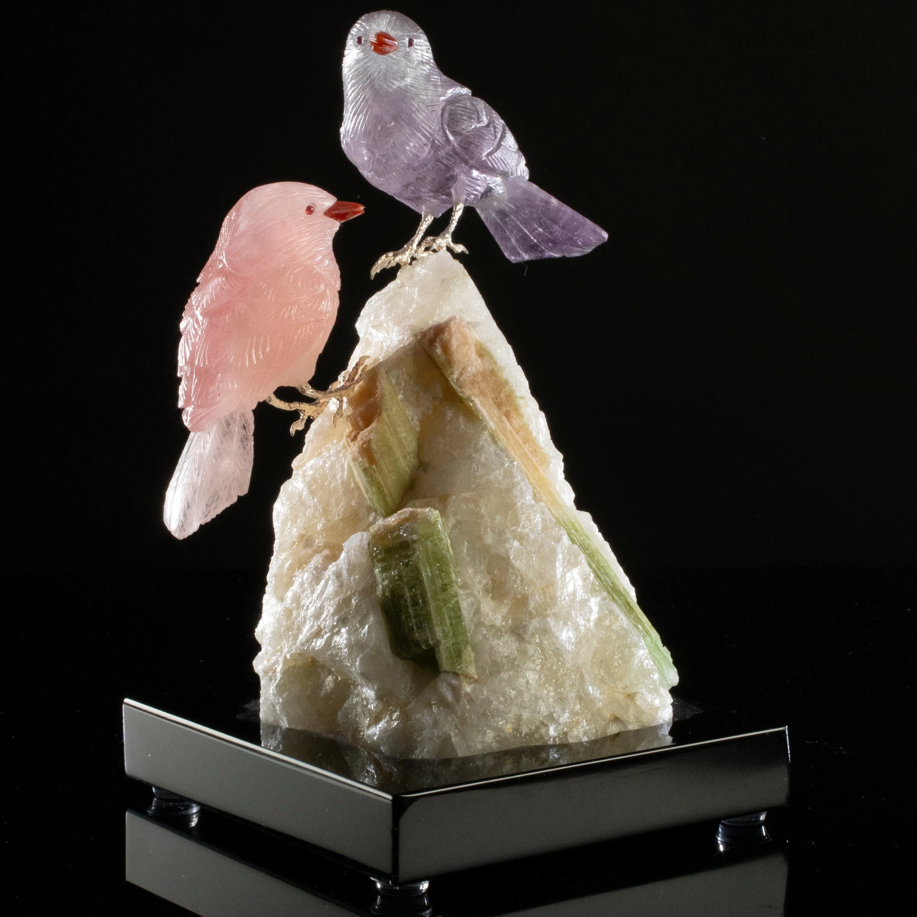 Peter Muller Rose Quartz & Amethyst Sparrow Couple Love Birds Carving on Watermelon Tourmaline Base