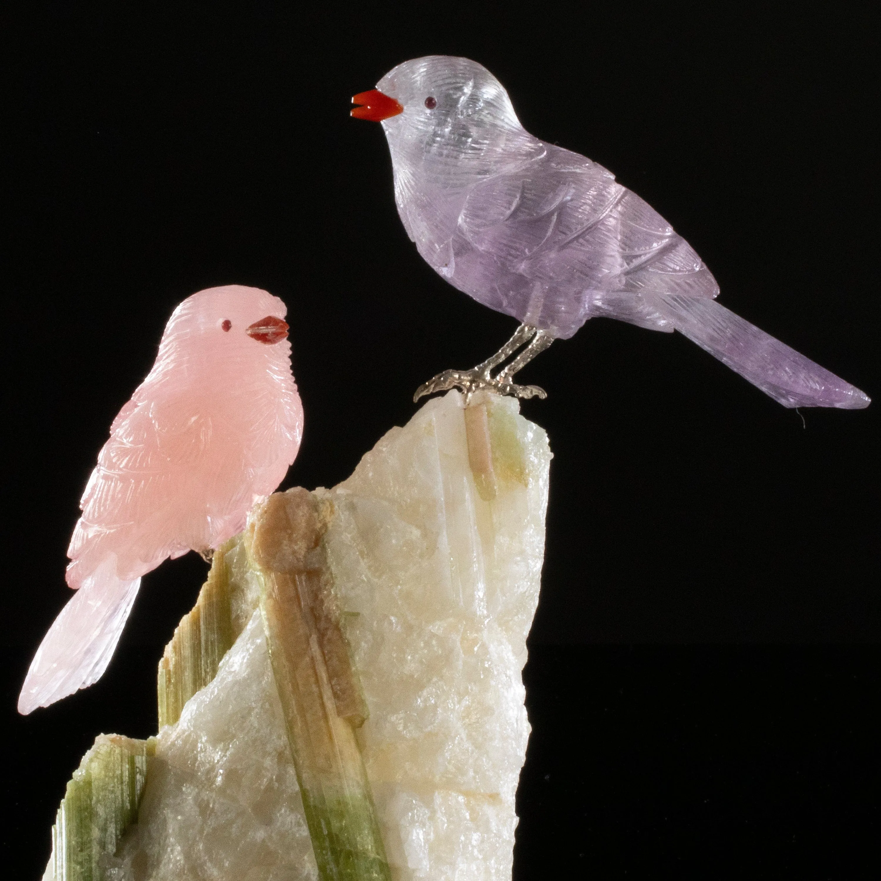 Peter Muller Rose Quartz & Amethyst Sparrow Couple Love Birds Carving on Watermelon Tourmaline Base