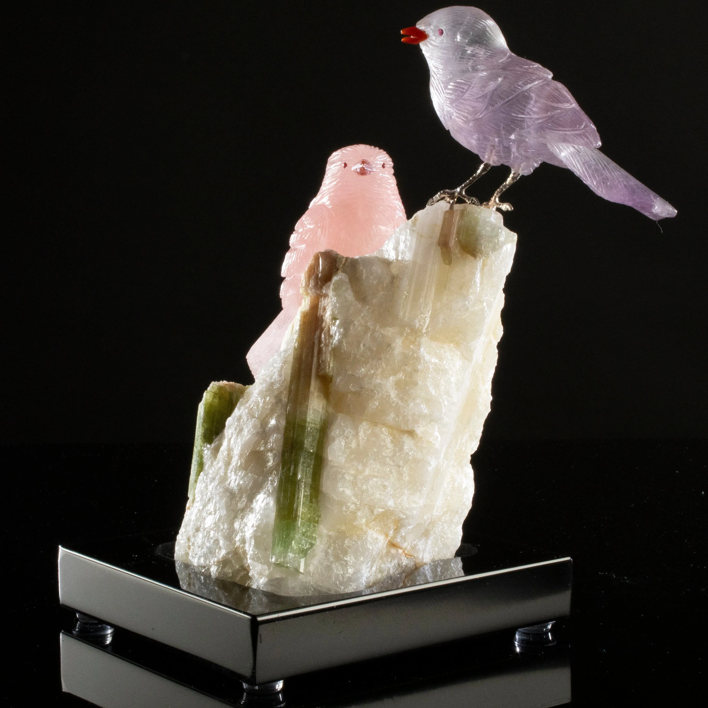 Peter Muller Rose Quartz & Amethyst Sparrow Couple Love Birds Carving on Watermelon Tourmaline Base