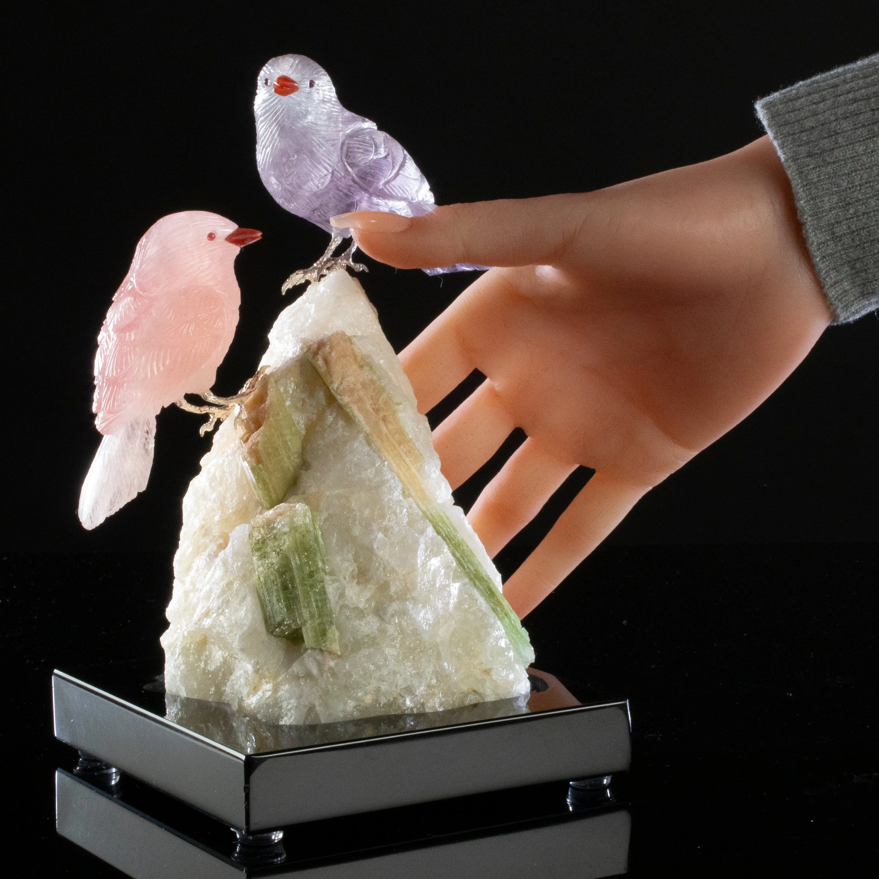 Peter Muller Rose Quartz & Amethyst Sparrow Couple Love Birds Carving on Watermelon Tourmaline Base