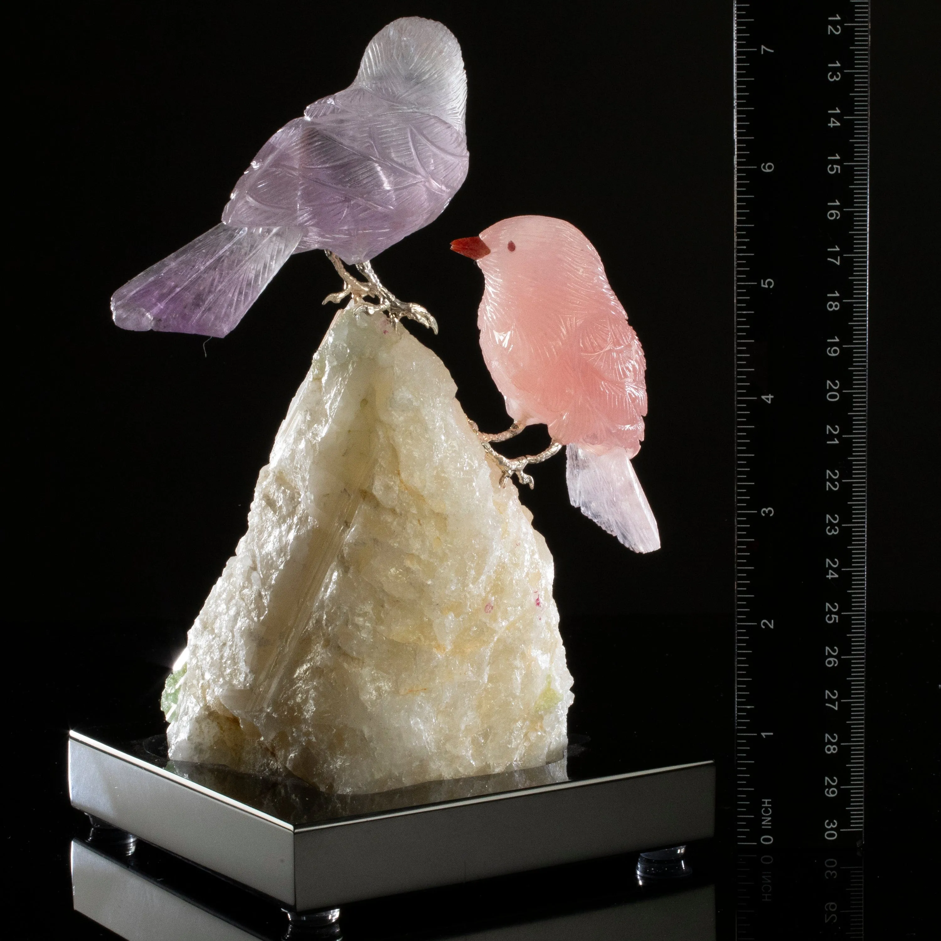 Peter Muller Rose Quartz & Amethyst Sparrow Couple Love Birds Carving on Watermelon Tourmaline Base