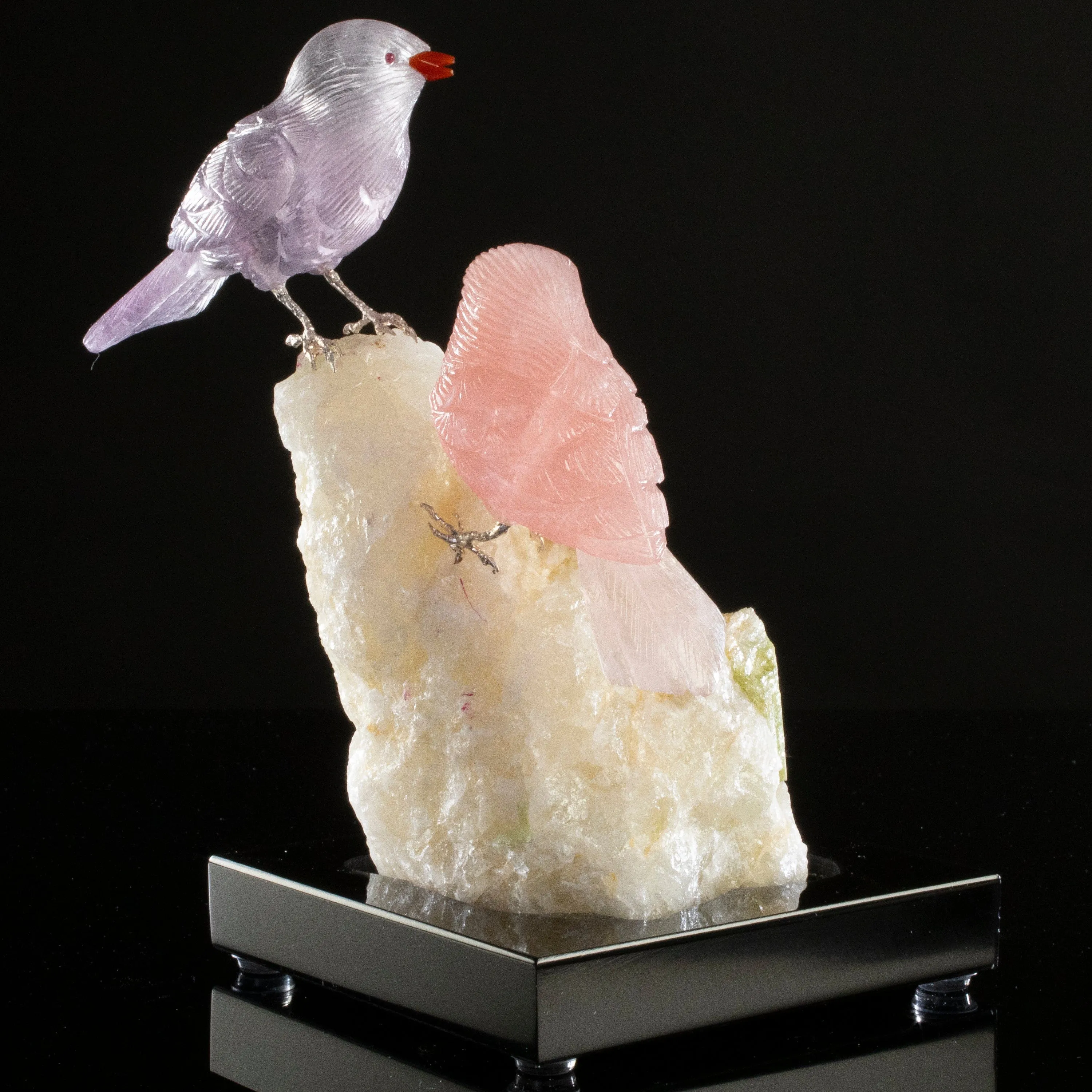 Peter Muller Rose Quartz & Amethyst Sparrow Couple Love Birds Carving on Watermelon Tourmaline Base