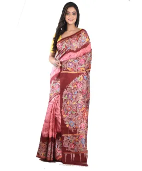 Pink maroon silk handloom batik print saree