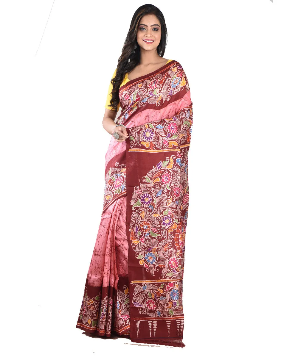 Pink maroon silk handloom batik print saree