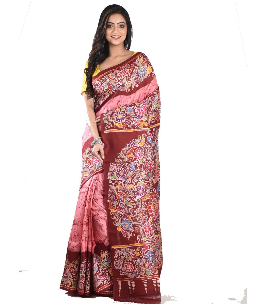 Pink maroon silk handloom batik print saree