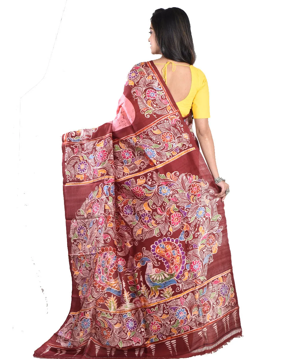 Pink maroon silk handloom batik print saree