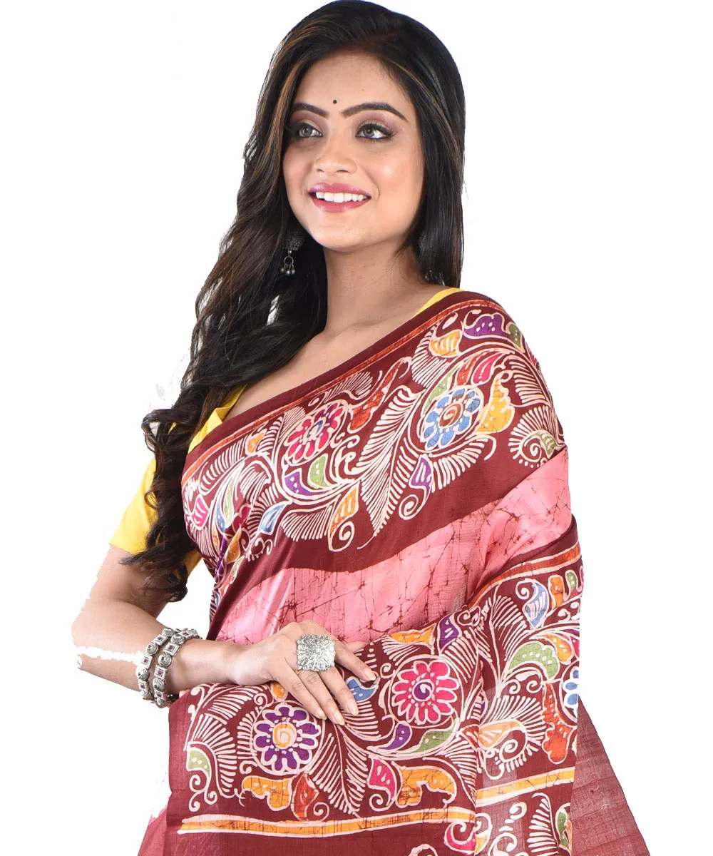 Pink maroon silk handloom batik print saree